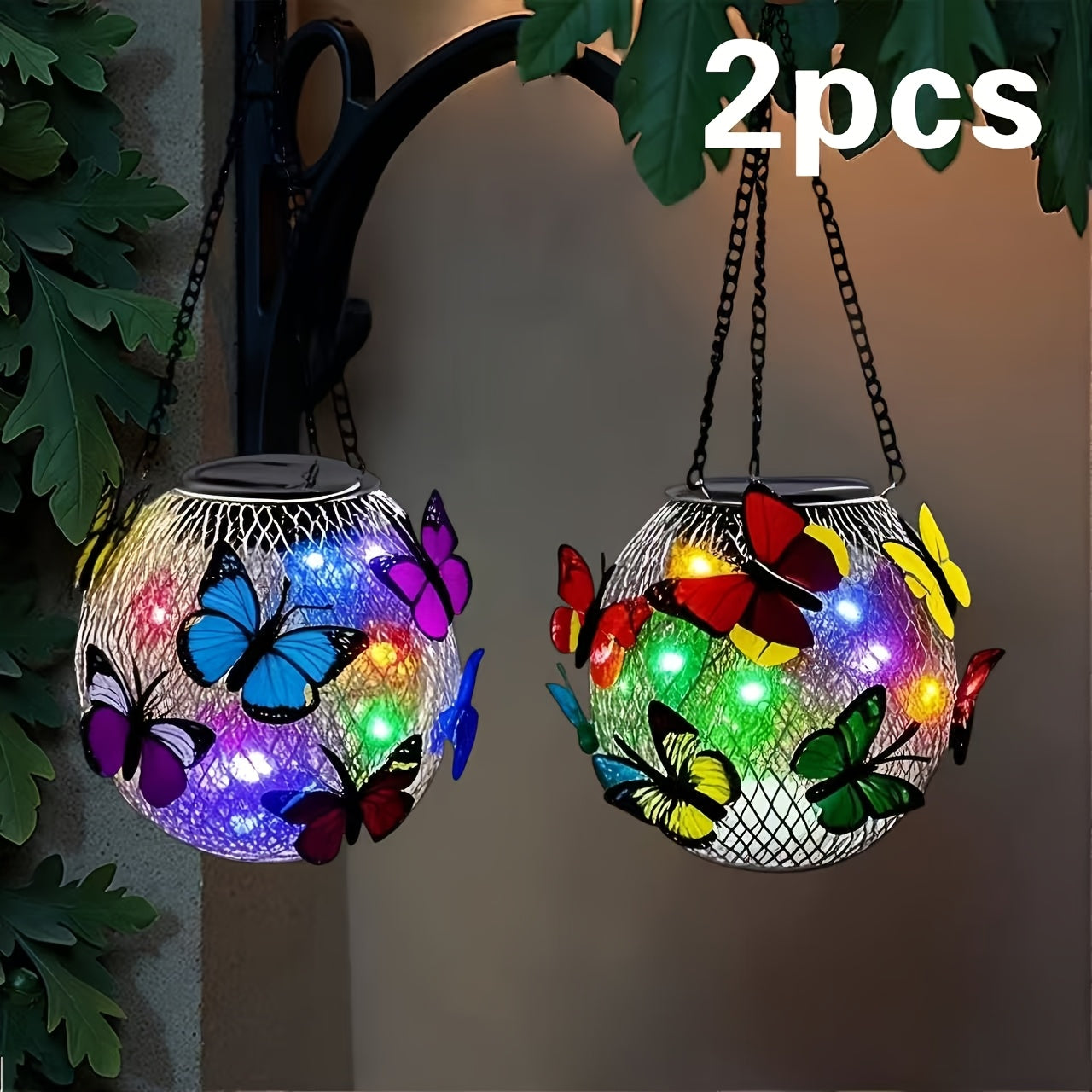 1 Stück/2 Stücke Solar-Pendelleuchten-Set für den Außenbereich, hängende Solar-Laternen aus Metall mit farbenfrohen Schmetterlings-Dekorationskunst, geeignet für Rasen, Zaun, Veranda, Wand, Garten, Terrasse, bester Geschenk für Mama