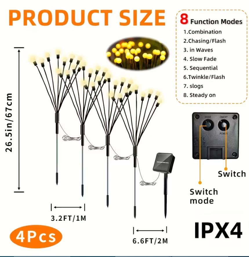 Firefly Solarlampen für Außen Garten 4 Stück, 32 Led Superhelle Glühwürmchen Weihnachten Aussen Solar, IP65 Wasserdicht Schwingende Garten-Deko für Outdoor Weihnachtsdeko Pathway Yard