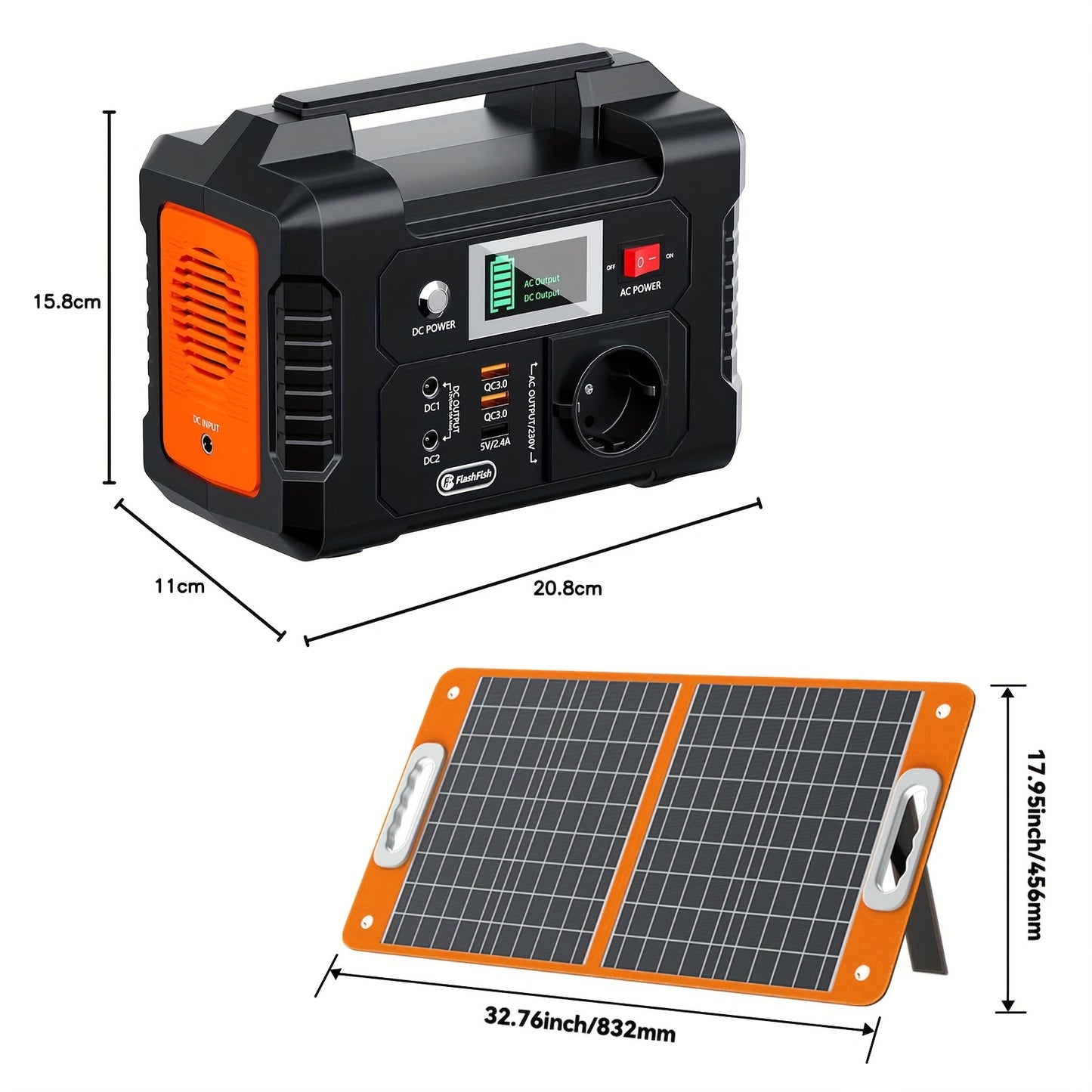 Flashfish Tragbare Powerstation mit Solarpanel, 200W Solarenergie-Powerbank-Set, 40800mAh tragbare Powerstation mit 60W Solarladegerät, Notstrombatterie mit AC-Anschlüssen, USB/DC-Anschlüssen und LCD-Display