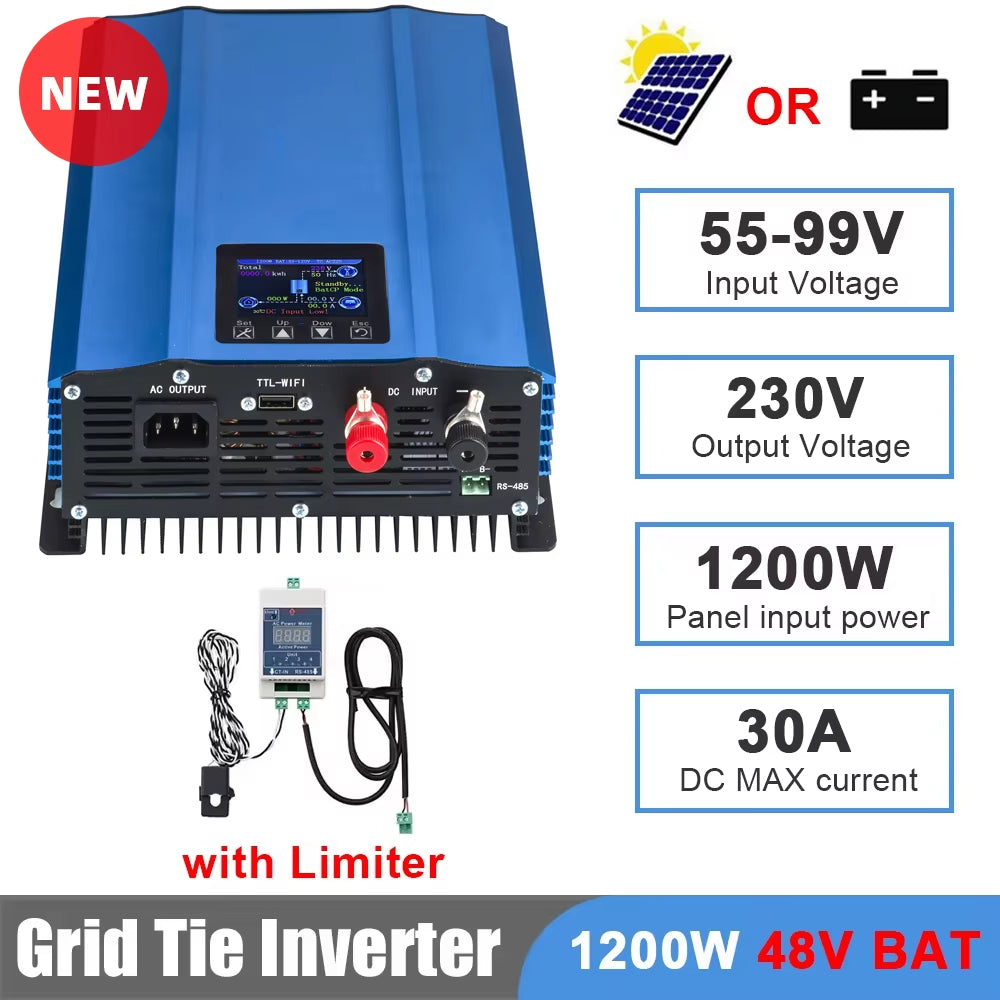 Y&H Grid Tie Inverter 1,2 kW 1 kW mit Limiter, reiner Sinuswellen-Solarwechselrichter für Solarmodule/Batterieentlademodus 48 V/24 V