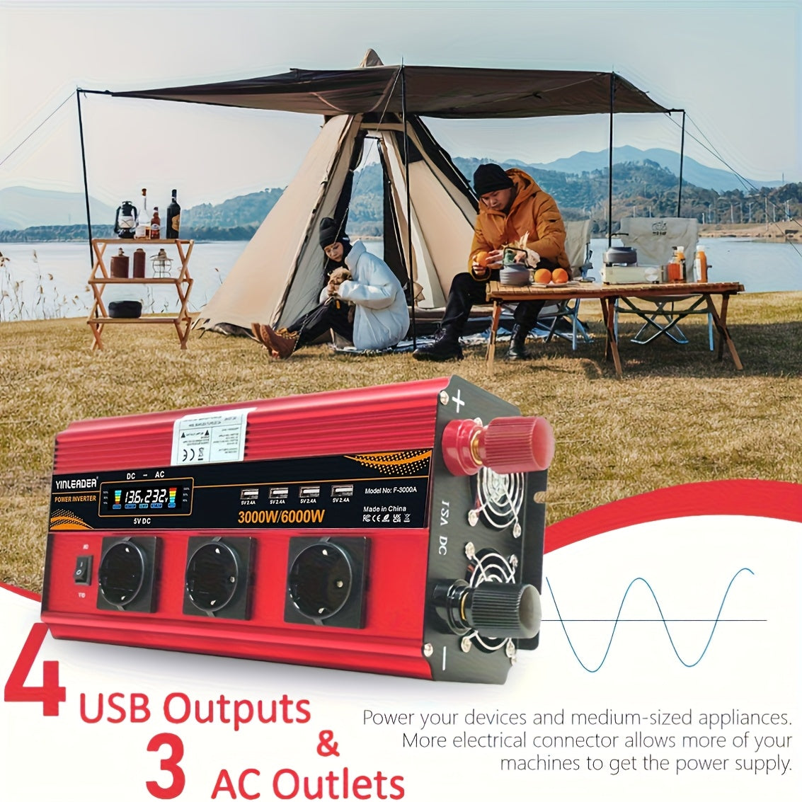 LVYUAN 12V 230V 3000W Spannungswandler Fernbedienung 4X USB und LCD 3 AC Steckdosen für Solarpanel Auto Camper/6000W, ohne Batterie