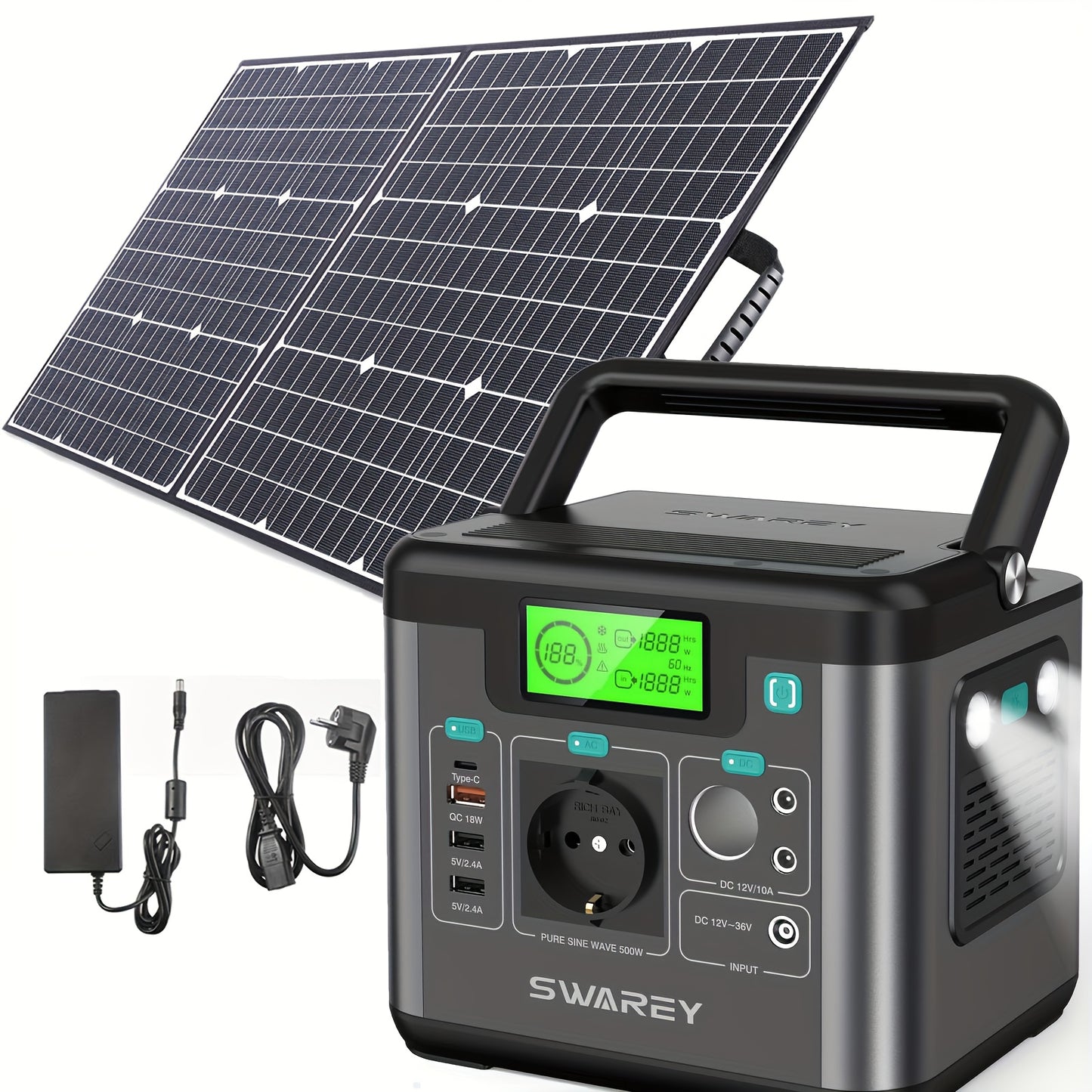 Swarey 300W Powerstation mit 100W Solarmodul, Powerbank mit AC-Steckdose, 222 Wh tragbare externe Batteriepackung, PD 65W Schnellladegerät für Laptops, Geschäftsreisen, Camping, Notfall bei Stromausfall, Laptop-Kamera