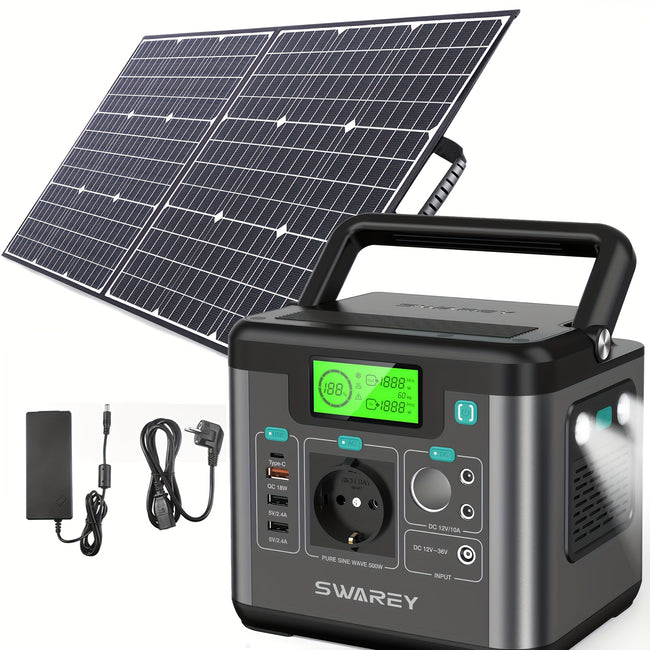 Swarey 300W Powerstation mit 100W Solarmodul, Powerbank mit AC-Steckdose, 222 Wh tragbare externe Batteriepackung, PD 65W Schnellladegerät für Laptops, Geschäftsreisen, Camping, Notfall bei Stromausfall, Laptop-Kamera