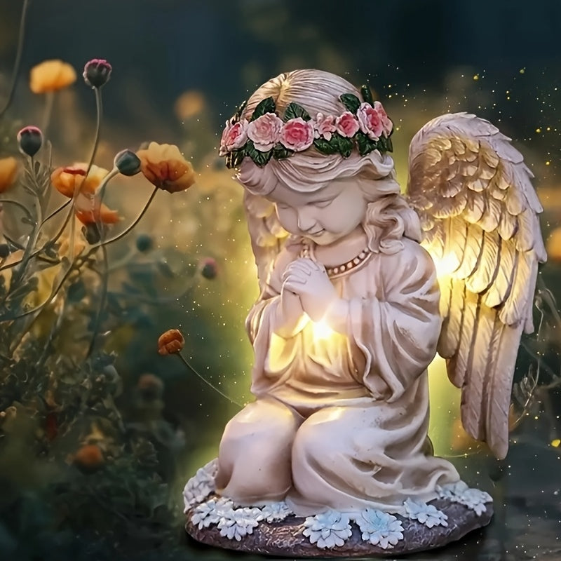 Solarbetriebene Harzfigur eines Betenden Engels mit Beleuchtung - Außengartendekoration für Zuhause & Hof, mit Rosa Krone & Blauen Akzenten, 600mAh Nickel-Batterie, Freistehend, Solar-Gartendekorationen, Ideal für Weihnachten, Perfekt für Thanksgiving