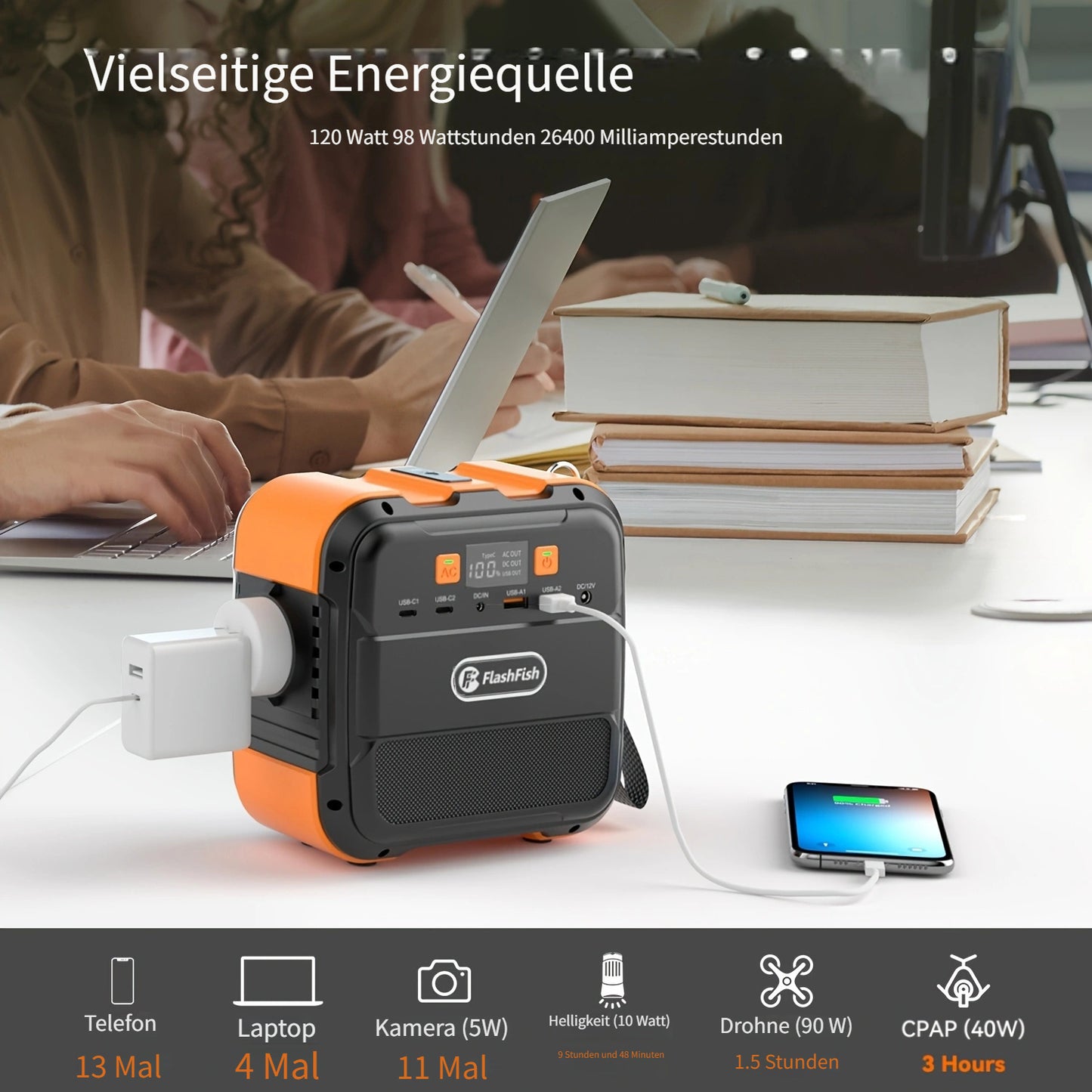 Tragbares Kraftwerk 98 Wh, FF FLASHFISH Solargenerator 120 W 230 V Batterie-Backup-Batterie mit AC/DC/USB/LED, Solarkraftwerk für Stromausfall zu Hause, Camping, Outdoor, Geschenk