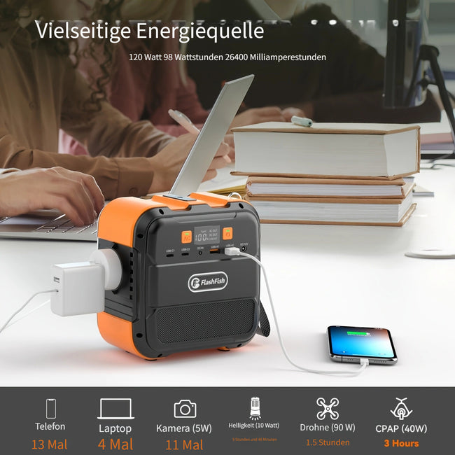 Tragbares Kraftwerk 98 Wh, FF FLASHFISH Solargenerator 120 W 230 V Batterie-Backup-Batterie mit AC/DC/USB/LED, Solarkraftwerk für Stromausfall zu Hause, Camping, Outdoor, Geschenk