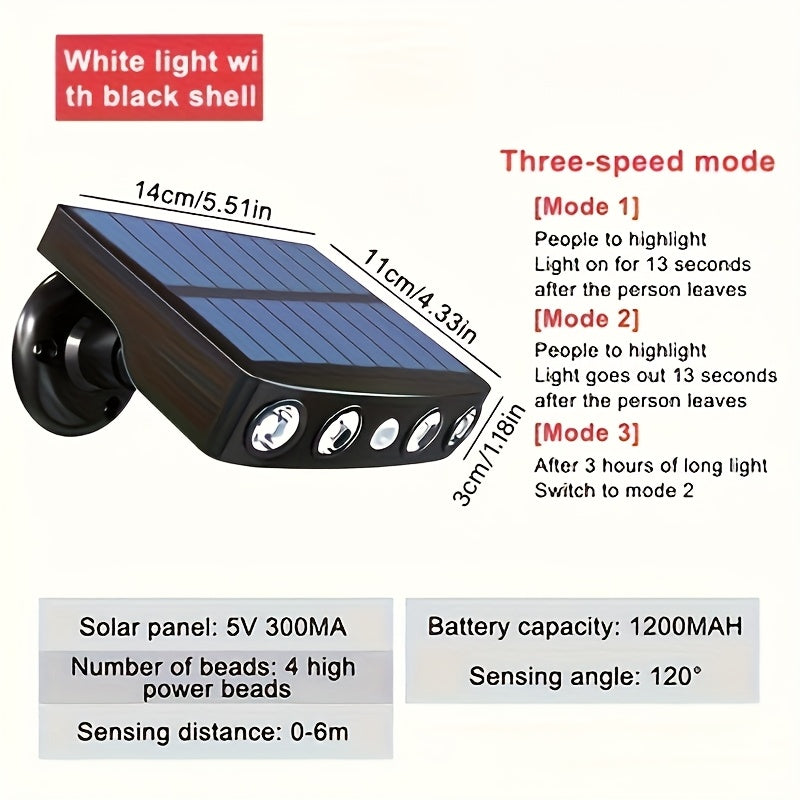 1 Stück LED Solar Außenleuchte mit Bewegungssensor, Leistungsstarke Sicherheits-Solar-LED 4er Pack, 3 Modi Wasserschutzlampe für Garten Straße, Integrierter 18650 Lithium Akku, Nachtarbeit Lampe als Wall Light oder Bodenbeleuchtung