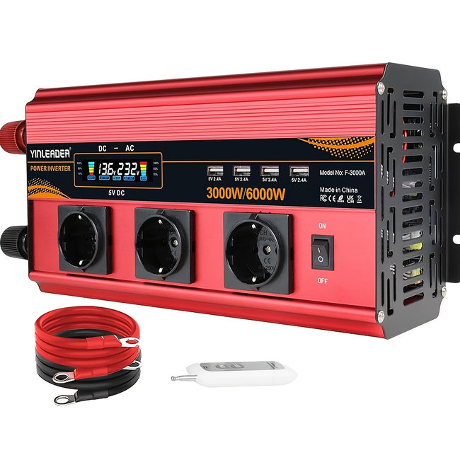 LVYUAN 12V 230V 3000W Spannungswandler Fernbedienung 4X USB und LCD 3 AC Steckdosen für Solarpanel Auto Camper/6000W, ohne Batterie