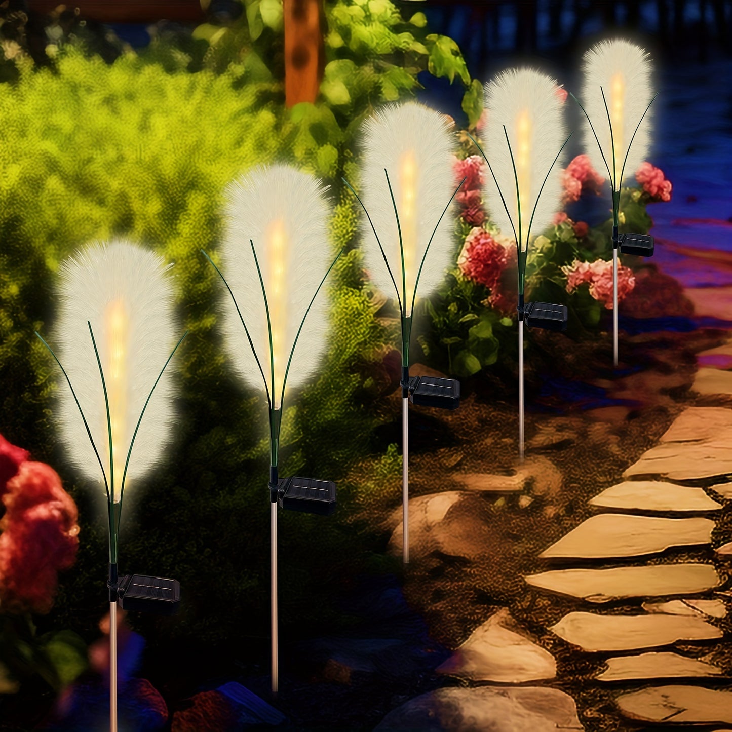 2er-Pack Solar-Gartenleuchten für Draußen, Patio-LED-Lichterkette, Windbetriebene Simulierte Riedlichter für Gartenwege und Hofdekoration (Warmweiß), IPX4