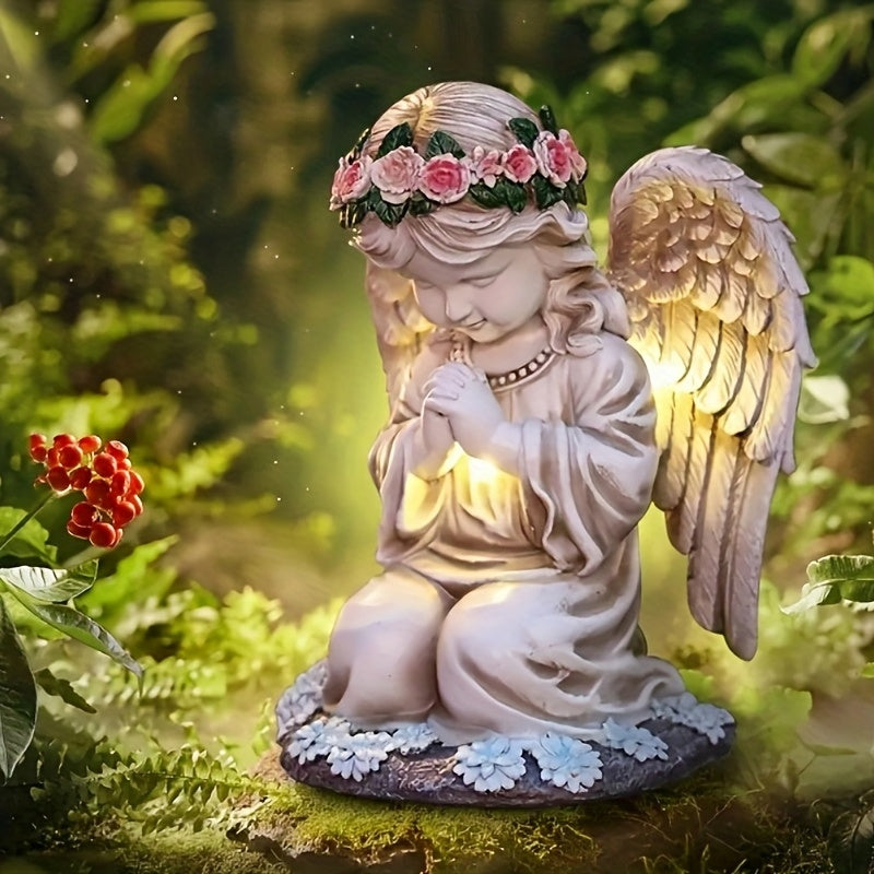 Solarbetriebene Harzfigur eines Betenden Engels mit Beleuchtung - Außengartendekoration für Zuhause & Hof, mit Rosa Krone & Blauen Akzenten, 600mAh Nickel-Batterie, Freistehend, Solar-Gartendekorationen, Ideal für Weihnachten, Perfekt für Thanksgiving