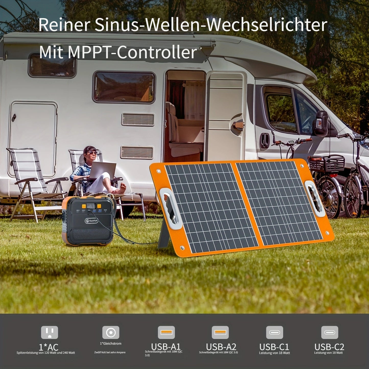 Tragbares Kraftwerk 98 Wh, FF FLASHFISH Solargenerator 120 W 230 V Batterie-Backup-Batterie mit AC/DC/USB/LED, Solarkraftwerk für Stromausfall zu Hause, Camping, Outdoor, Geschenk