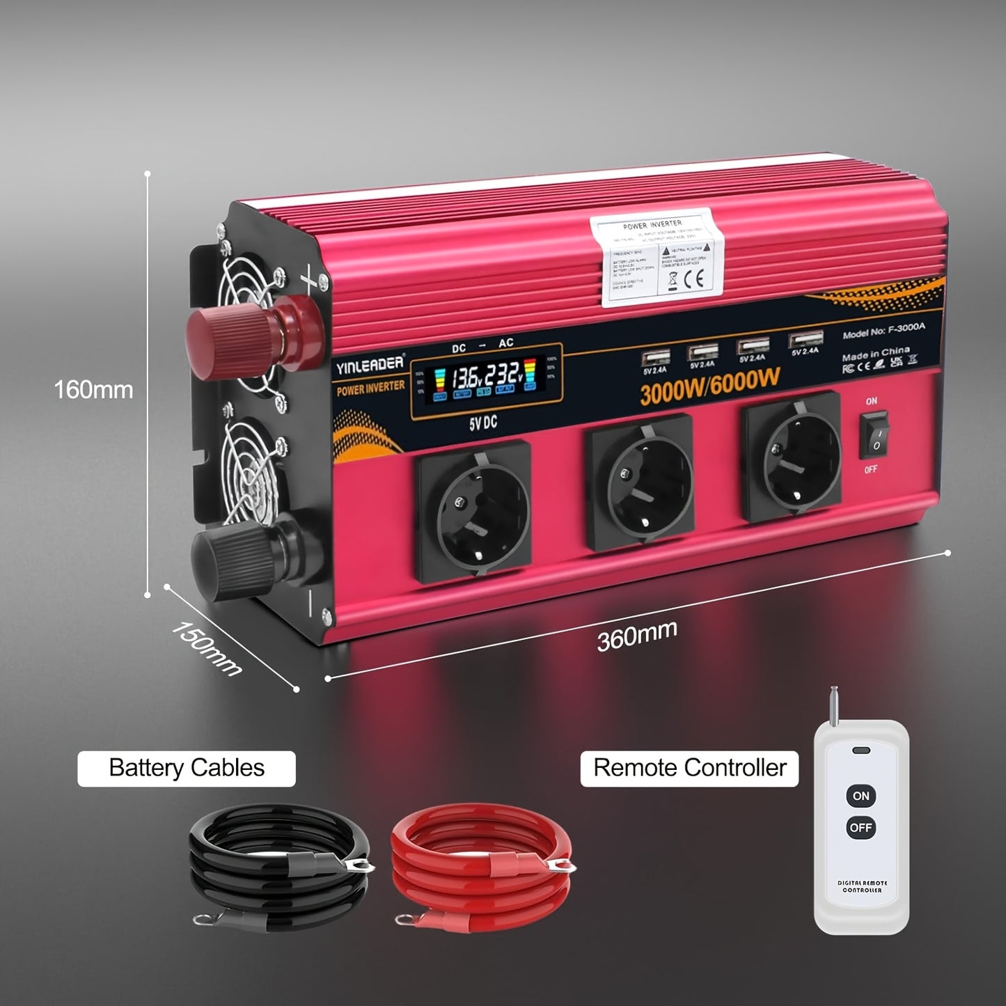 LVYUAN 12V 230V 3000W Spannungswandler Fernbedienung 4X USB und LCD 3 AC Steckdosen für Solarpanel Auto Camper/6000W, ohne Batterie