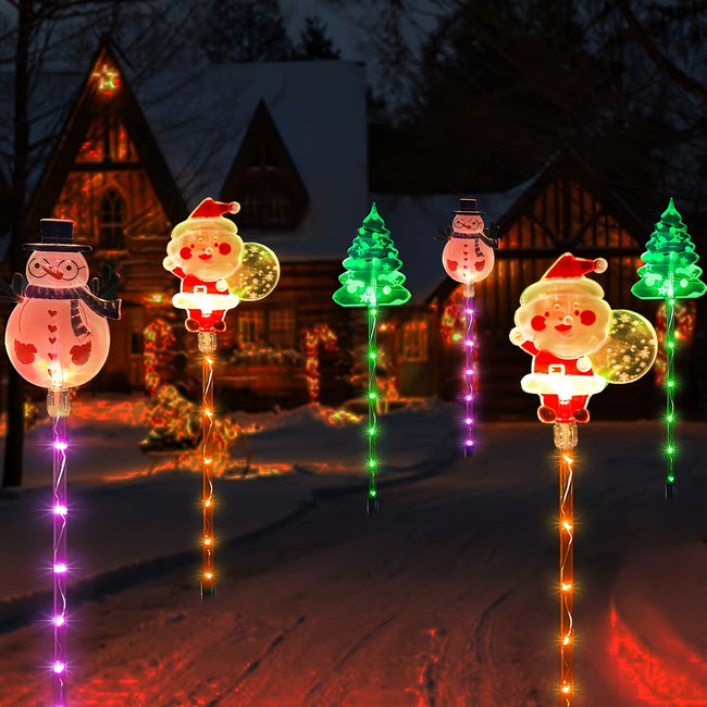 6er-Set Solarbetriebene Weihnachts-Gartenstake-Lichter - Santa, Schneemann & Baumdesigns mit 8 Beleuchtungsmodi, Langlebige Kunststoff-Außendekoration für Rasen, Hof, Winterspektakel, Solare Weihnachtspyramiden