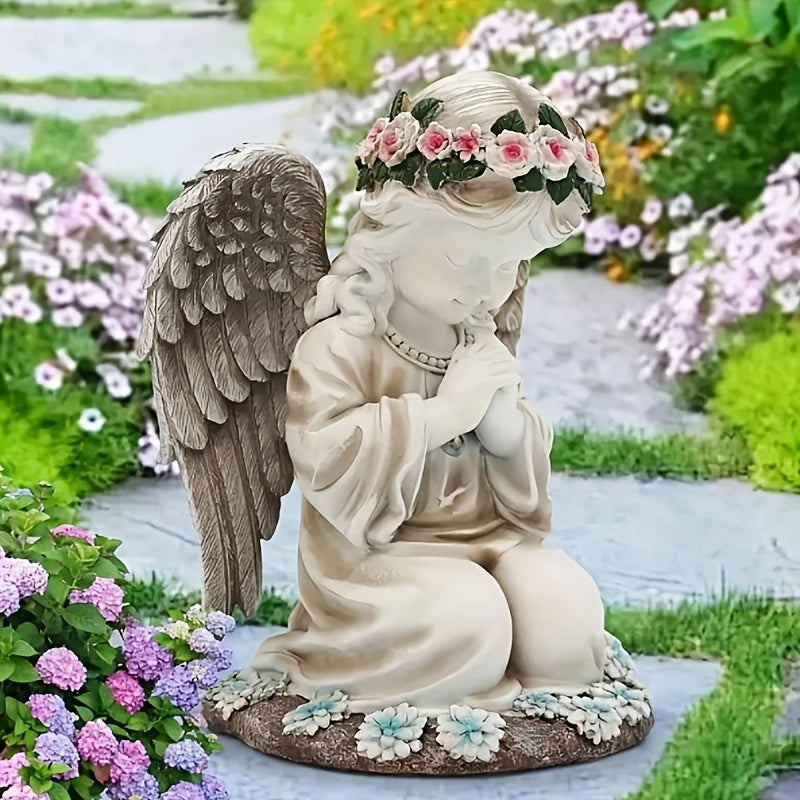 Solarbetriebene Harzfigur eines Betenden Engels mit Beleuchtung - Außengartendekoration für Zuhause & Hof, mit Rosa Krone & Blauen Akzenten, 600mAh Nickel-Batterie, Freistehend, Solar-Gartendekorationen, Ideal für Weihnachten, Perfekt für Thanksgiving