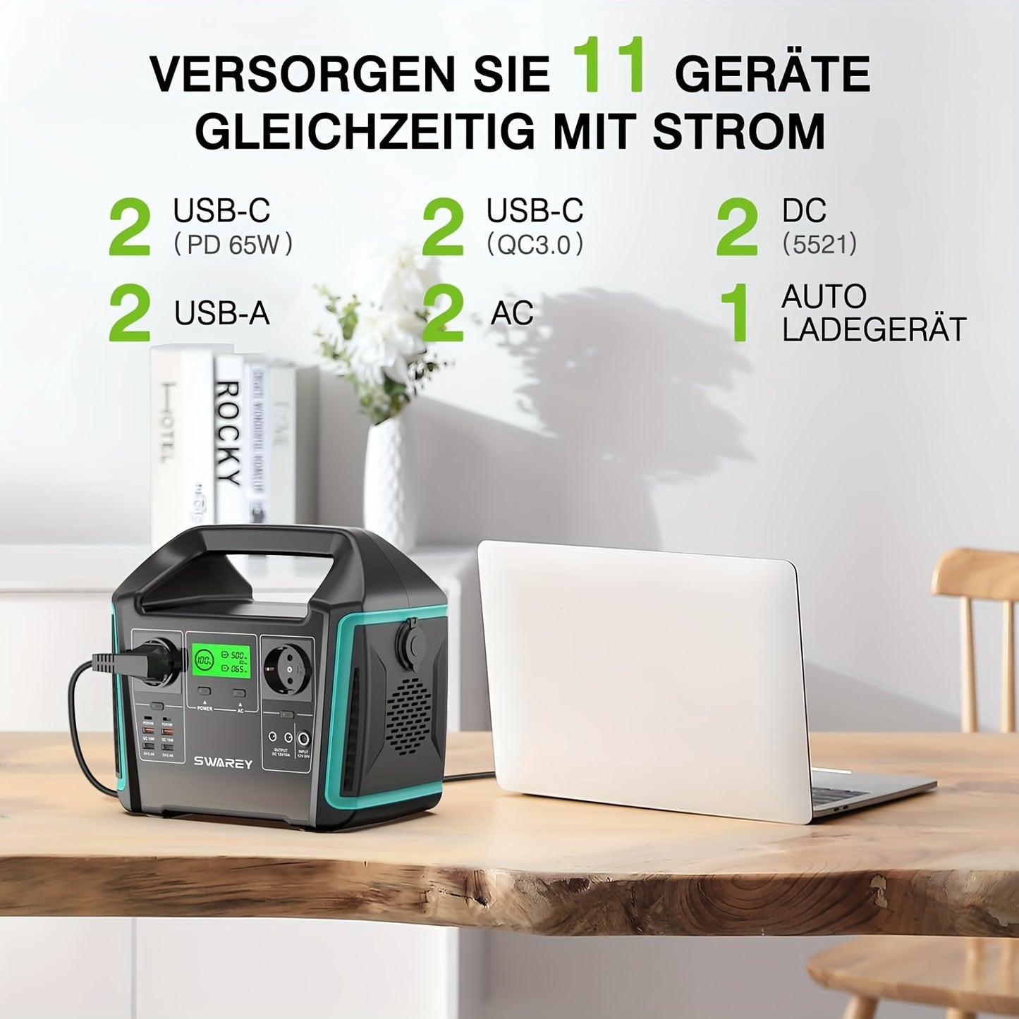 SWAREY Tragbare Powerstation 1000W mit 100W Solarpanel, 725.76Wh Solar-Generator Batterie-Backup 2 X 1000 W AC-Ausgang, 2 X 65 W USB-C-Anschluss, Power-Generator-Batterie für Camping, Reisen, Angeln, Wohnmobil und Smartphone-Tablet