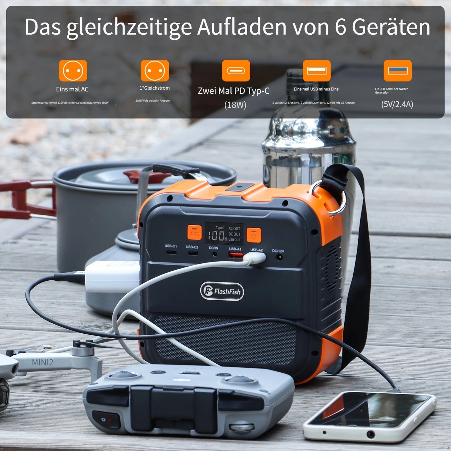 Tragbares Kraftwerk 98 Wh, FF FLASHFISH Solargenerator 120 W 230 V Batterie-Backup-Batterie mit AC/DC/USB/LED, Solarkraftwerk für Stromausfall zu Hause, Camping, Outdoor, Geschenk