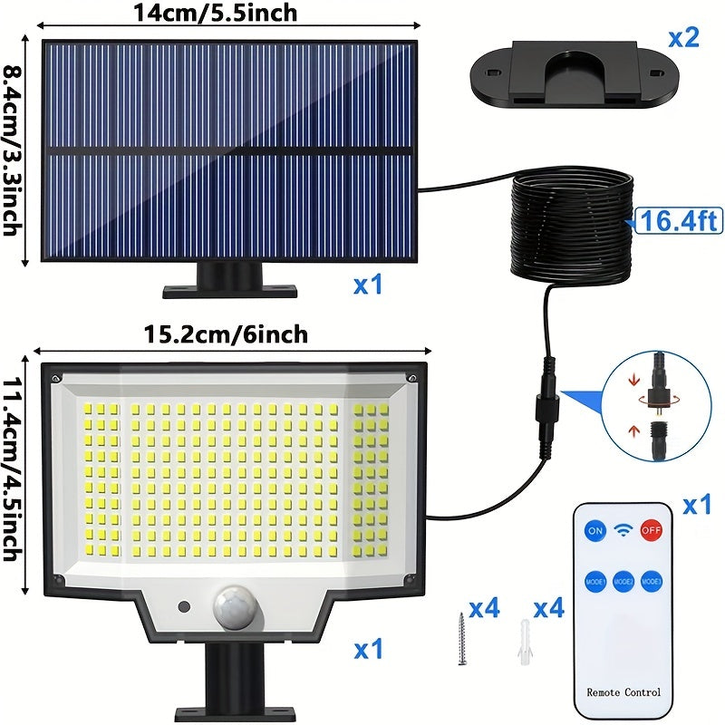 1 Stück/2 Stück Outdoor Solar-Separat-Panel Solar-Powered Spot-Licht 200 LED Super-Hellig Bewegungs-Sensor Solar-Power Garten-Wand-Licht 3 Arbeits-Modes Dusk-to-Dawn Beleuchtung für Garten, Patio, Backyard. Straßen-Licht, Wand-Lampe mit 5.03meter Kabel