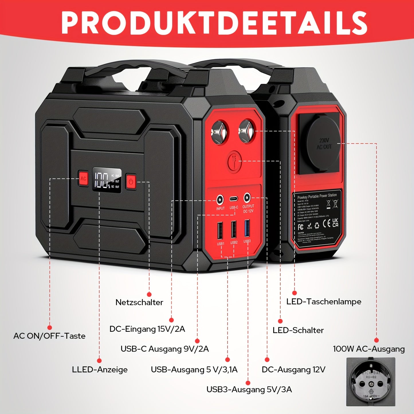 100W 99Wh Tragbare Power Station, mit AC 230V, USB C Ausgängen und LED-Taschenlampen, kleiner Solar-Generator, Telefon-Laptop-Akku-Ladegerät für Innen- und Außenbereich, Notfall-Backup (Solarpanel NICHT enthalten)