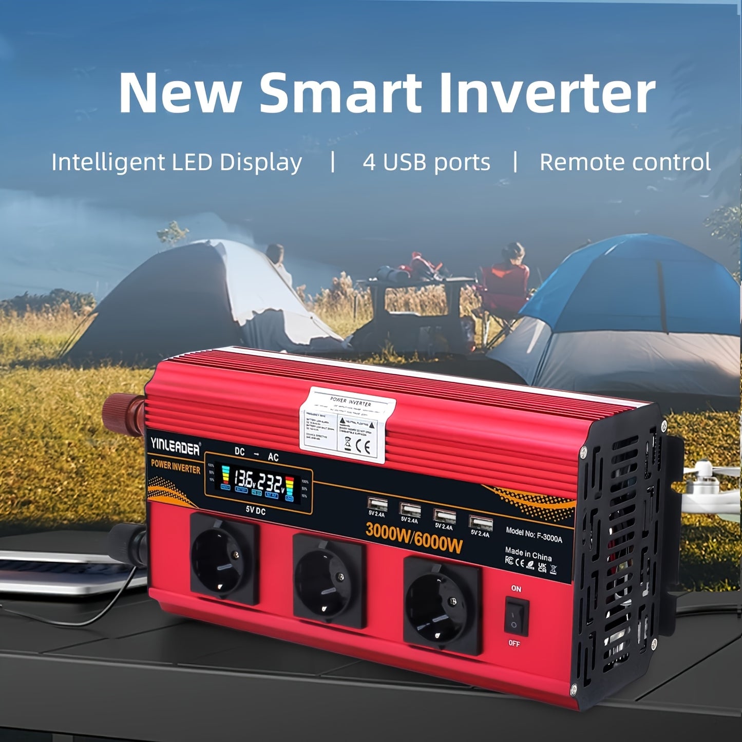 LVYUAN 12V 230V 3000W Spannungswandler Fernbedienung 4X USB und LCD 3 AC Steckdosen für Solarpanel Auto Camper/6000W, ohne Batterie