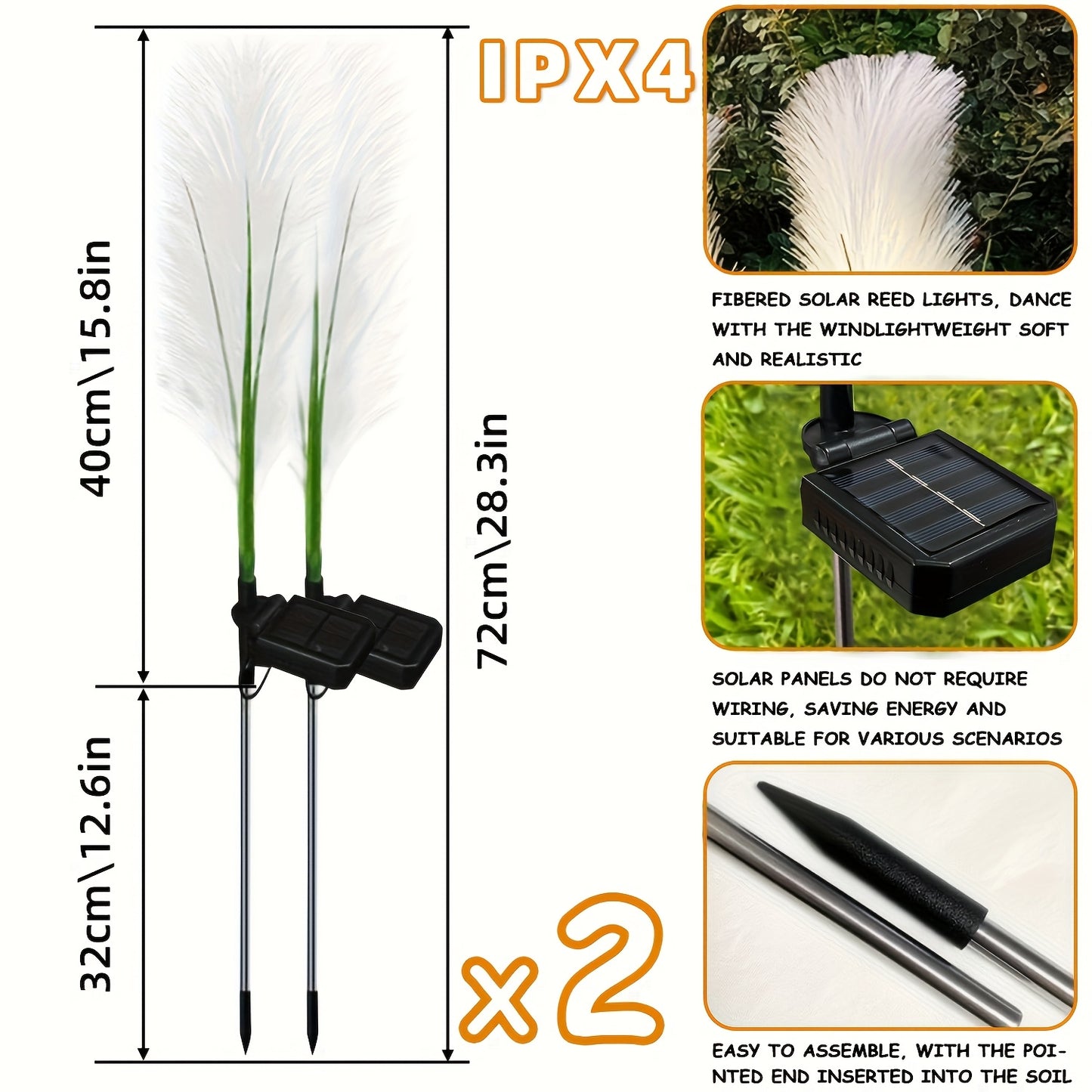 2er-Pack Solar-Gartenleuchten für Draußen, Patio-LED-Lichterkette, Windbetriebene Simulierte Riedlichter für Gartenwege und Hofdekoration (Warmweiß), IPX4