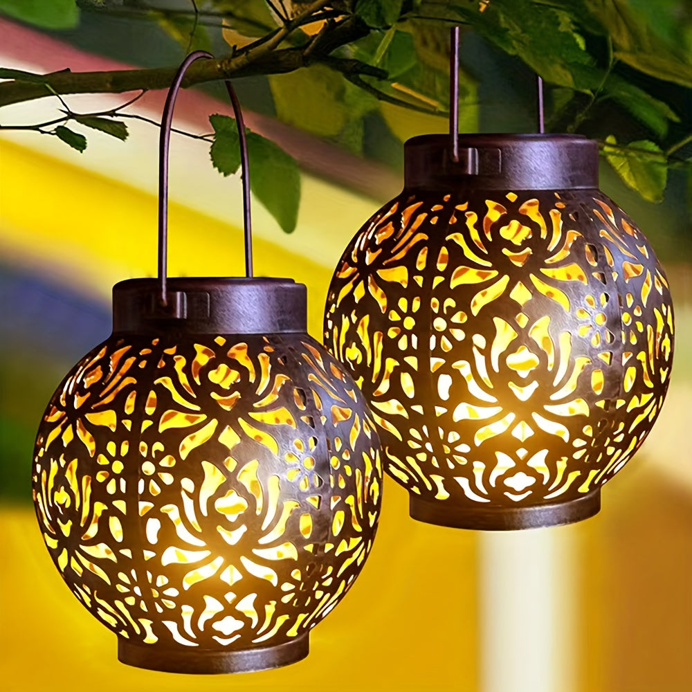 2 Stück Outdoor-Solarhängelampe, Dekolicht mit Griff für den Schreibtisch, Marokkanische LED-Laterne aus Metall, Solarlicht für Garten, Terrasse, Rasen und Hinterhof