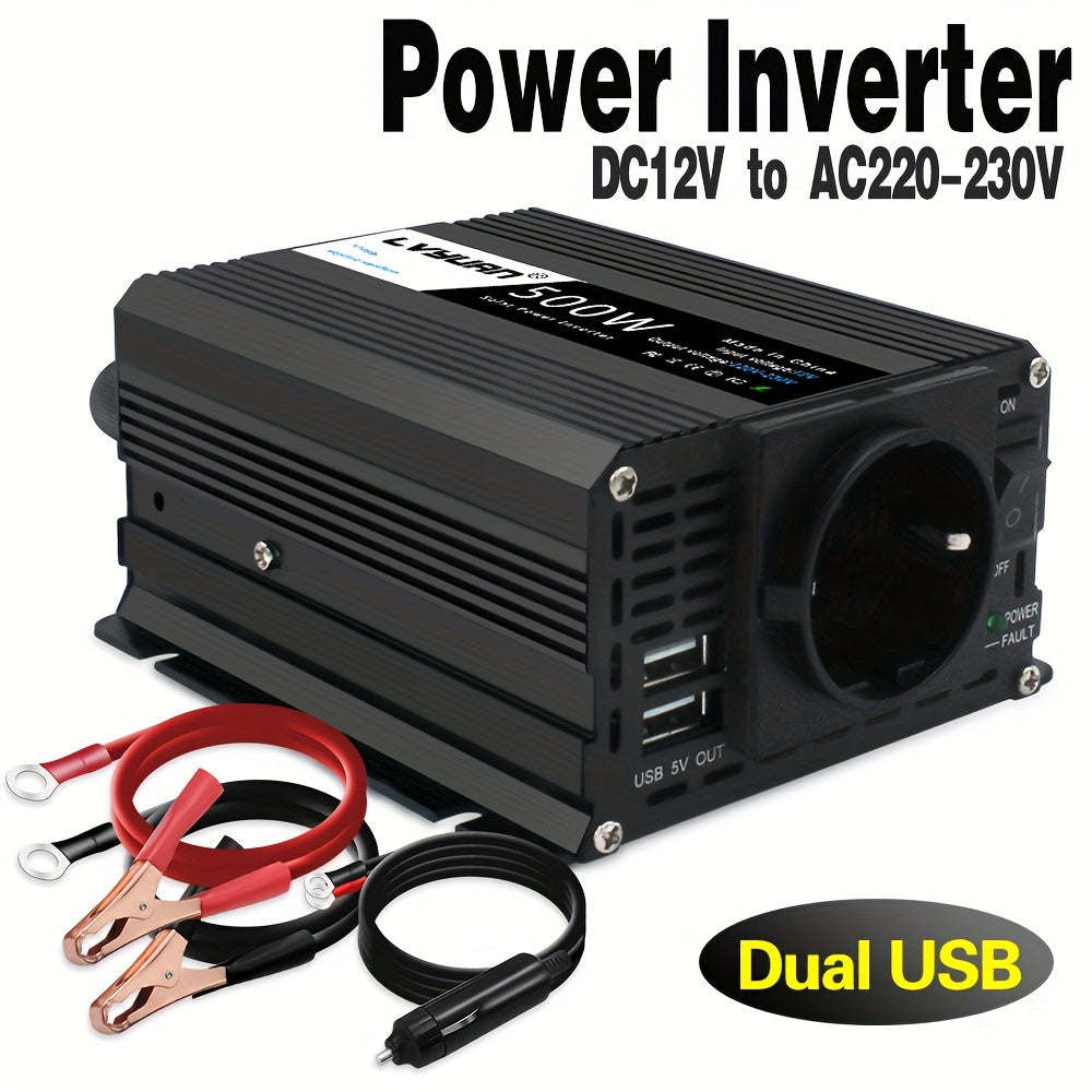 500W Auto Power Inverter DC 12V zu AC 230V AC Converter mit Euro AC Steckdose und Dual USB Auto Ladegerät für Auto Home Laptops, ohne Batterie