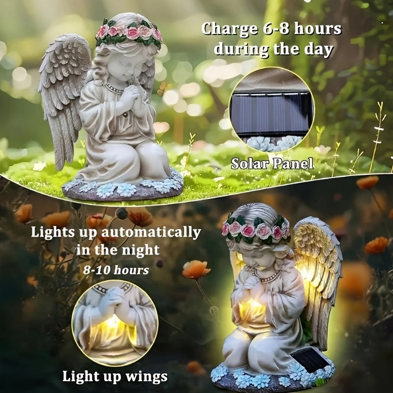 Solarbetriebene Harzfigur eines Betenden Engels mit Beleuchtung - Außengartendekoration für Zuhause & Hof, mit Rosa Krone & Blauen Akzenten, 600mAh Nickel-Batterie, Freistehend, Solar-Gartendekorationen, Ideal für Weihnachten, Perfekt für Thanksgiving