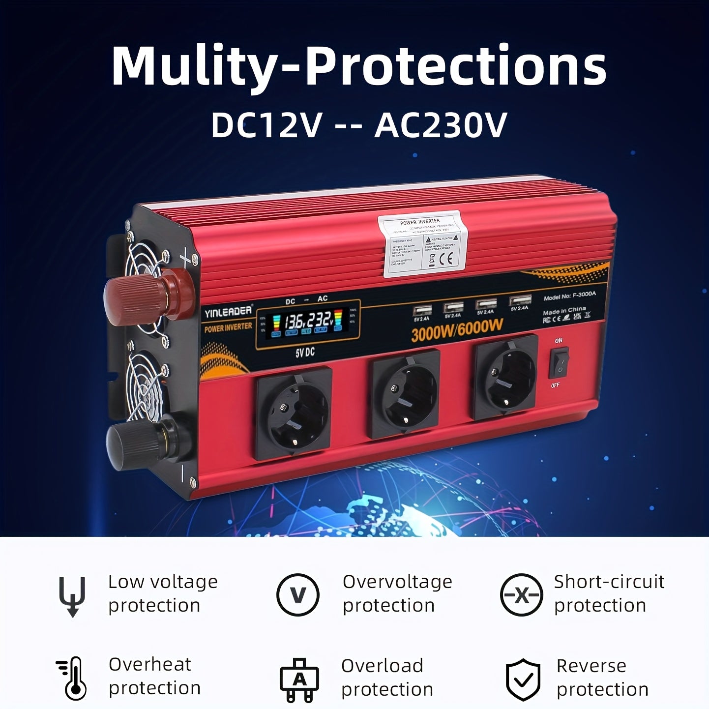 LVYUAN 12V 230V 3000W Spannungswandler Fernbedienung 4X USB und LCD 3 AC Steckdosen für Solarpanel Auto Camper/6000W, ohne Batterie