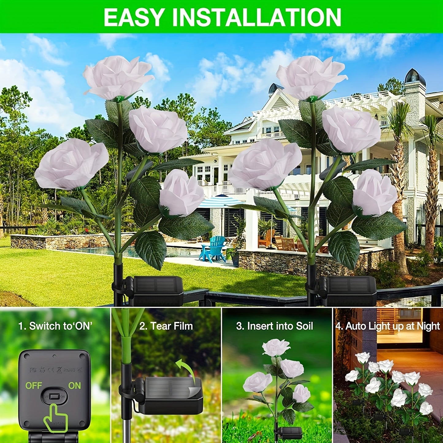 2 Stk. Solar-Rosen, 7 Farbwechselnde Blumenlichter, 4 Solar-Rosen für die Außengartendekoration, Solar-Blumenständerlichter, Geeignet für Gartenpartys, Wohnmobile, Valentinstag