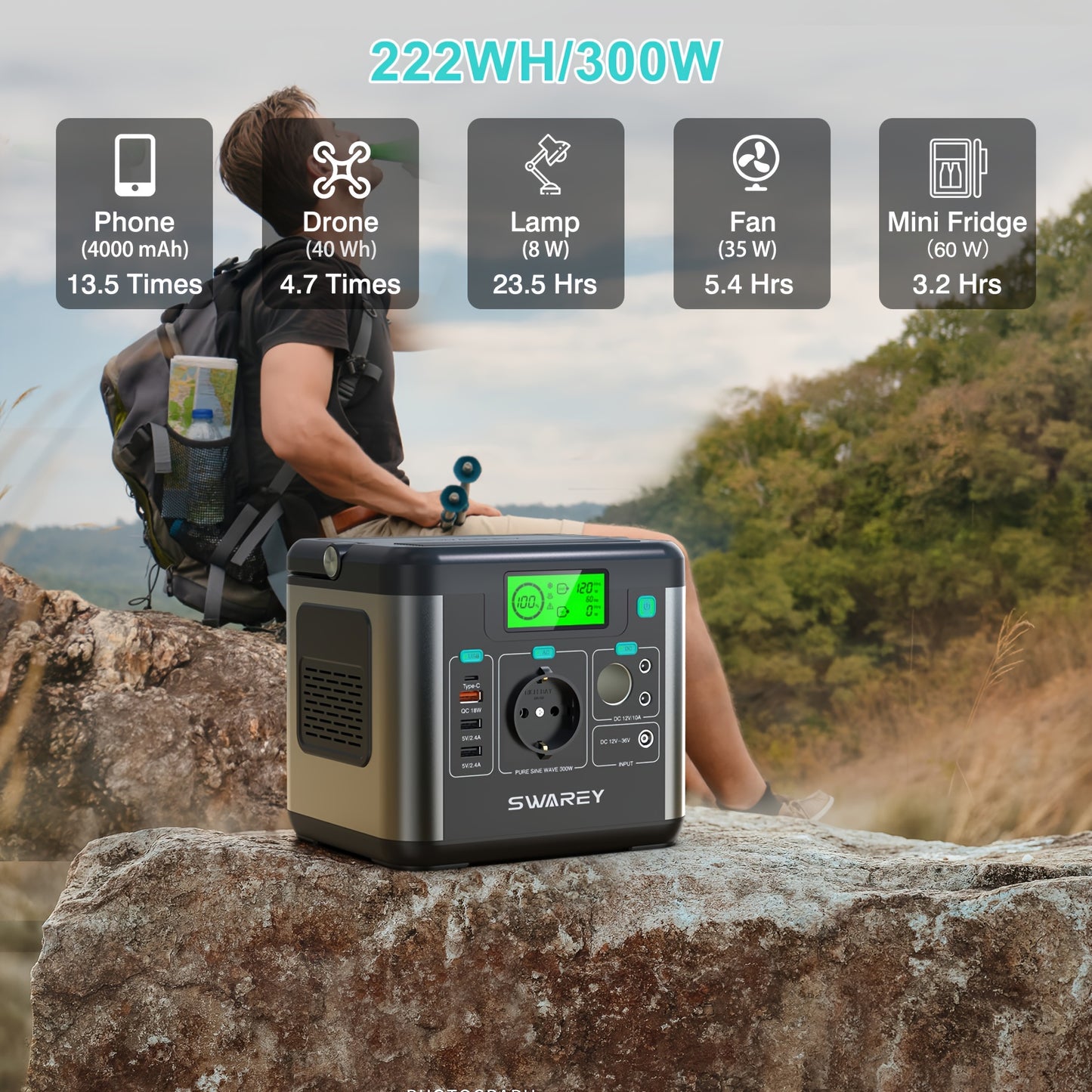 Swarey 300W Powerstation mit 100W Solarmodul, Powerbank mit AC-Steckdose, 222 Wh tragbare externe Batteriepackung, PD 65W Schnellladegerät für Laptops, Geschäftsreisen, Camping, Notfall bei Stromausfall, Laptop-Kamera