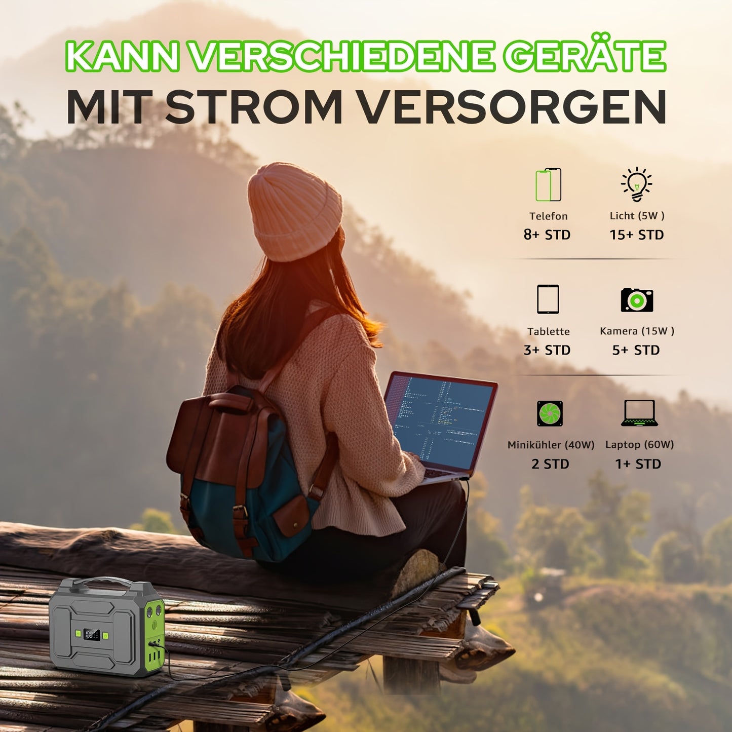 100W 99Wh Tragbare Power Station, mit AC 230V, USB C Ausgängen und LED-Taschenlampen, kleiner Solar-Generator, Telefon-Laptop-Akku-Ladegerät für Innen- und Außenbereich, Notfall-Backup (Solarpanel NICHT enthalten)