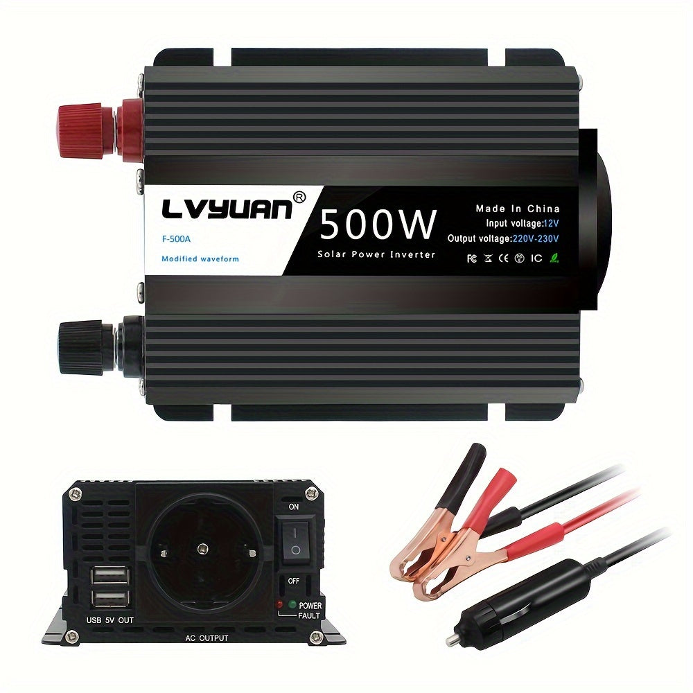500W Auto Power Inverter DC 12V zu AC 230V AC Converter mit Euro AC Steckdose und Dual USB Auto Ladegerät für Auto Home Laptops, ohne Batterie