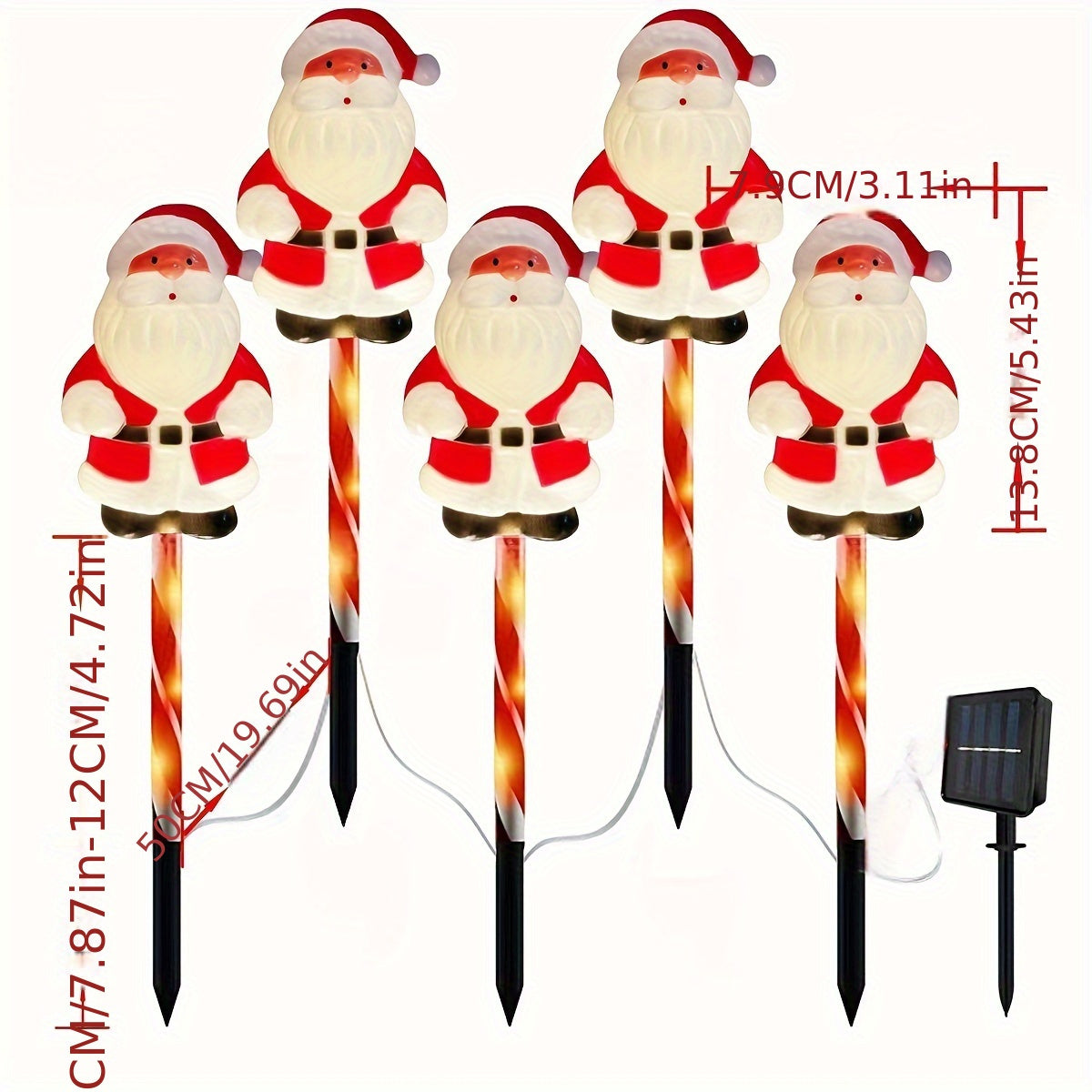 5 St. Solarbetriebene Weihnachtsmann-Staketenlichter, Plastik-Deko für den Garten, mit 600-mAh-Nickelbatterie, fest verbautes Photovoltaik-System, für festliche Stimmung