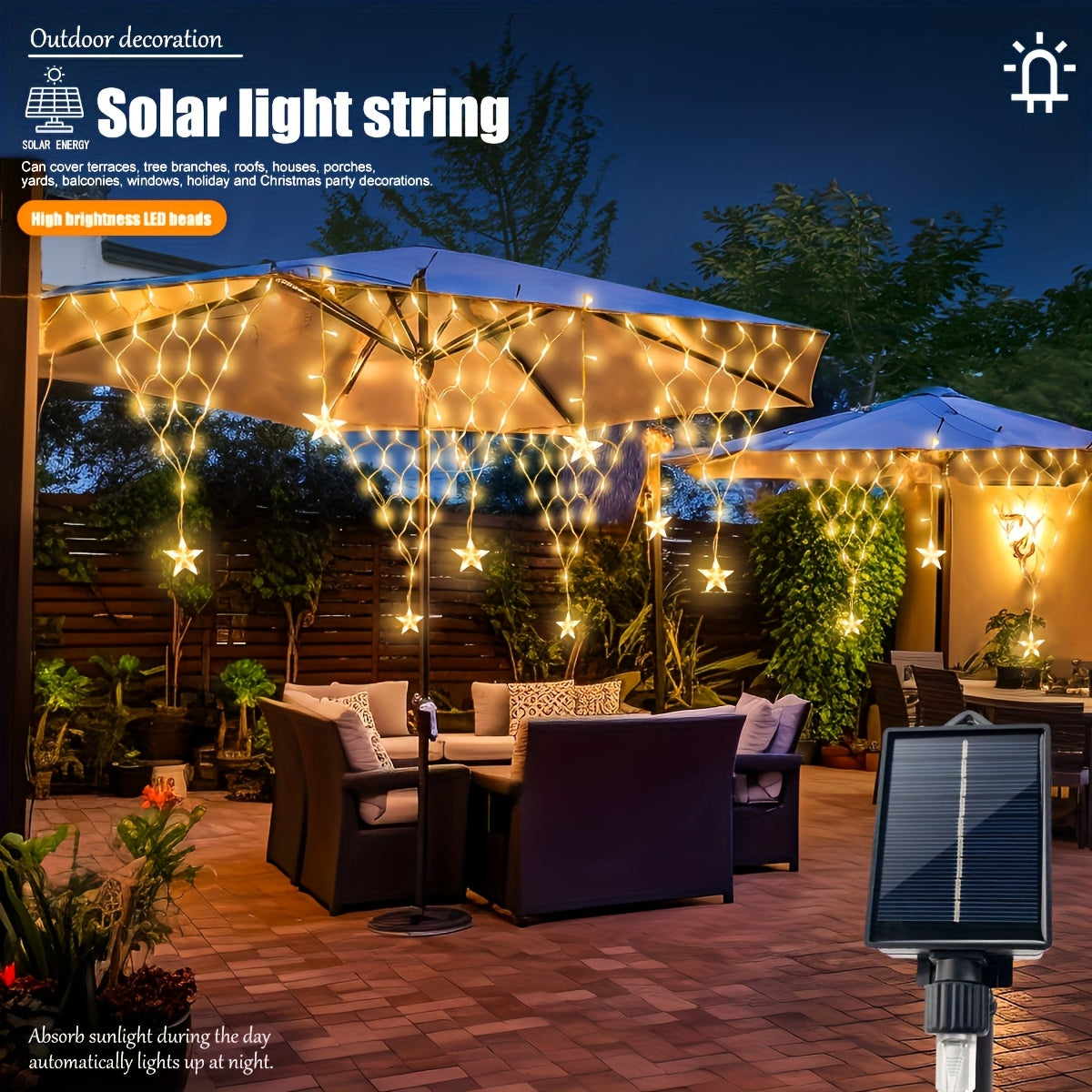 Solar-Dreieck-Gitterlicht, 8 Modi, solarbetriebenes LED-Außendekorations-Licht in verschiedenen Farben – ideal für Garten-, Dachterrassenbeleuchtung sowie Geburtstagsfeiern Festlichkeiten, Solarlichtstreifen,Solar-Lichterkette