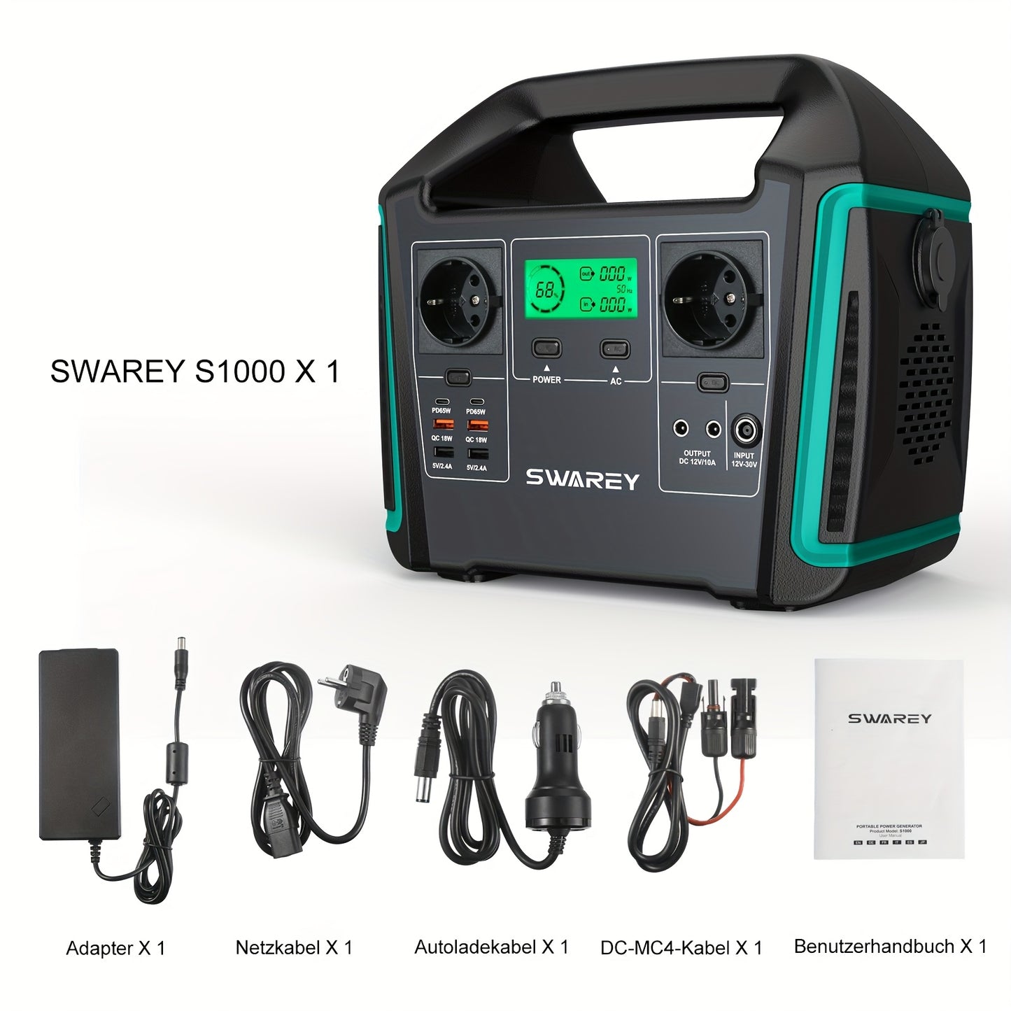 SWAREY Tragbare Power Station 1000W, 725.76Wh Solar Generator Battery Backup 2 X 1000 W AC Ausgang, 2 X 65 W USB-C Verbindung, Power Generator Battery Für Camping, Reisen, Angeln, Wohnmobil Und Smartphone Tablet