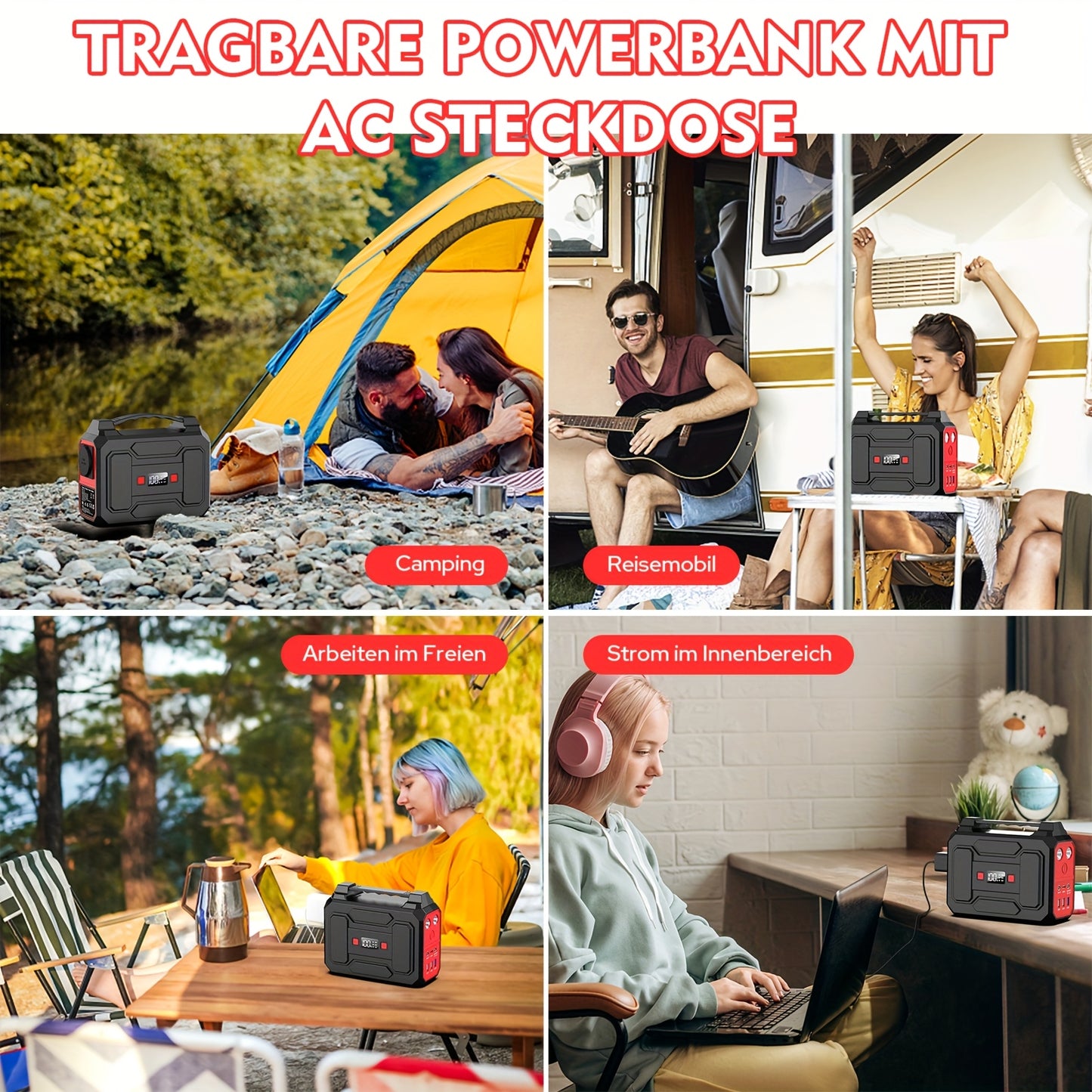 100W 99Wh Tragbare Power Station, mit AC 230V, USB C Ausgängen und LED-Taschenlampen, kleiner Solar-Generator, Telefon-Laptop-Akku-Ladegerät für Innen- und Außenbereich, Notfall-Backup (Solarpanel NICHT enthalten)