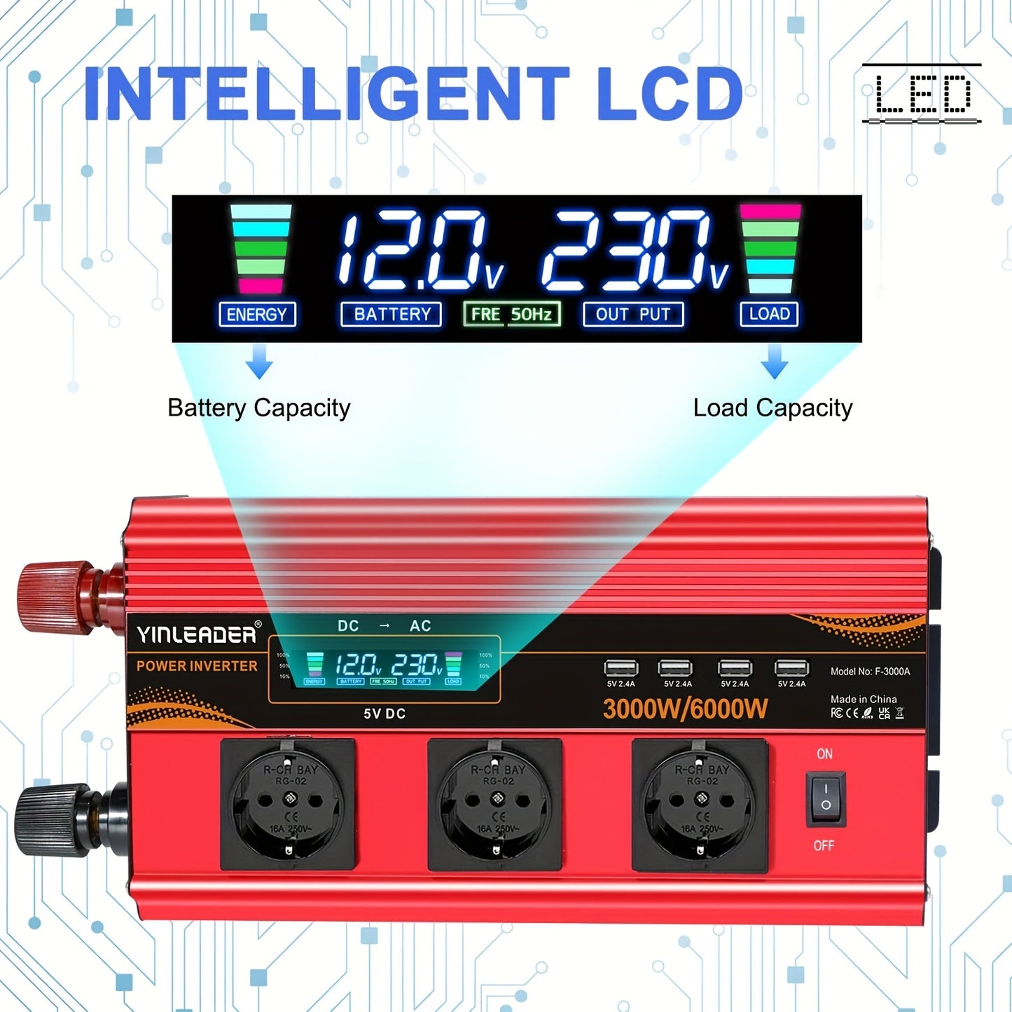 LVYUAN 12V 230V 3000W Spannungswandler Fernbedienung 4X USB und LCD 3 AC Steckdosen für Solarpanel Auto Camper/6000W, ohne Batterie