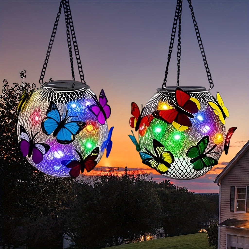 1 Stück/2 Stücke Solar-Pendelleuchten-Set für den Außenbereich, hängende Solar-Laternen aus Metall mit farbenfrohen Schmetterlings-Dekorationskunst, geeignet für Rasen, Zaun, Veranda, Wand, Garten, Terrasse, bester Geschenk für Mama