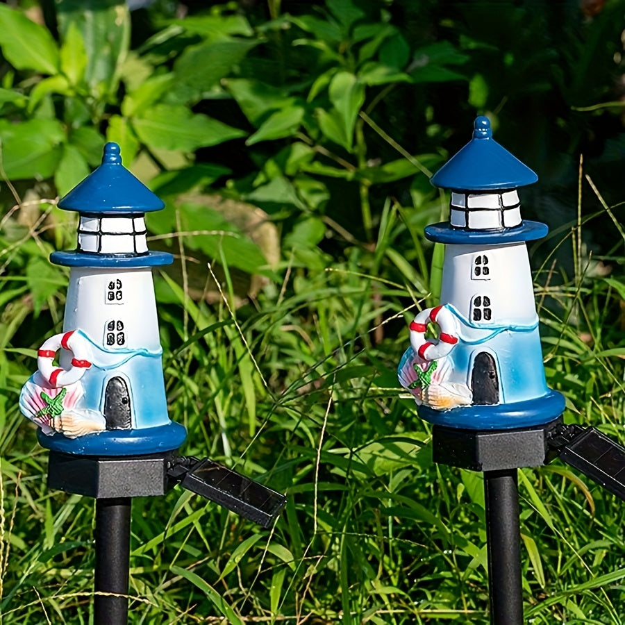 1 Stück Solarbetriebene Leuchtturm Gartenleuchten - LED Harz Statue mit Süßigkeiten & Blauer Himmel Design, Energieeffizientes Außenraum Landschaftsbeleuchtung für Hof, Terrasse, Rasen und Weihnachtsdekoration, Solar Gartenleuchten