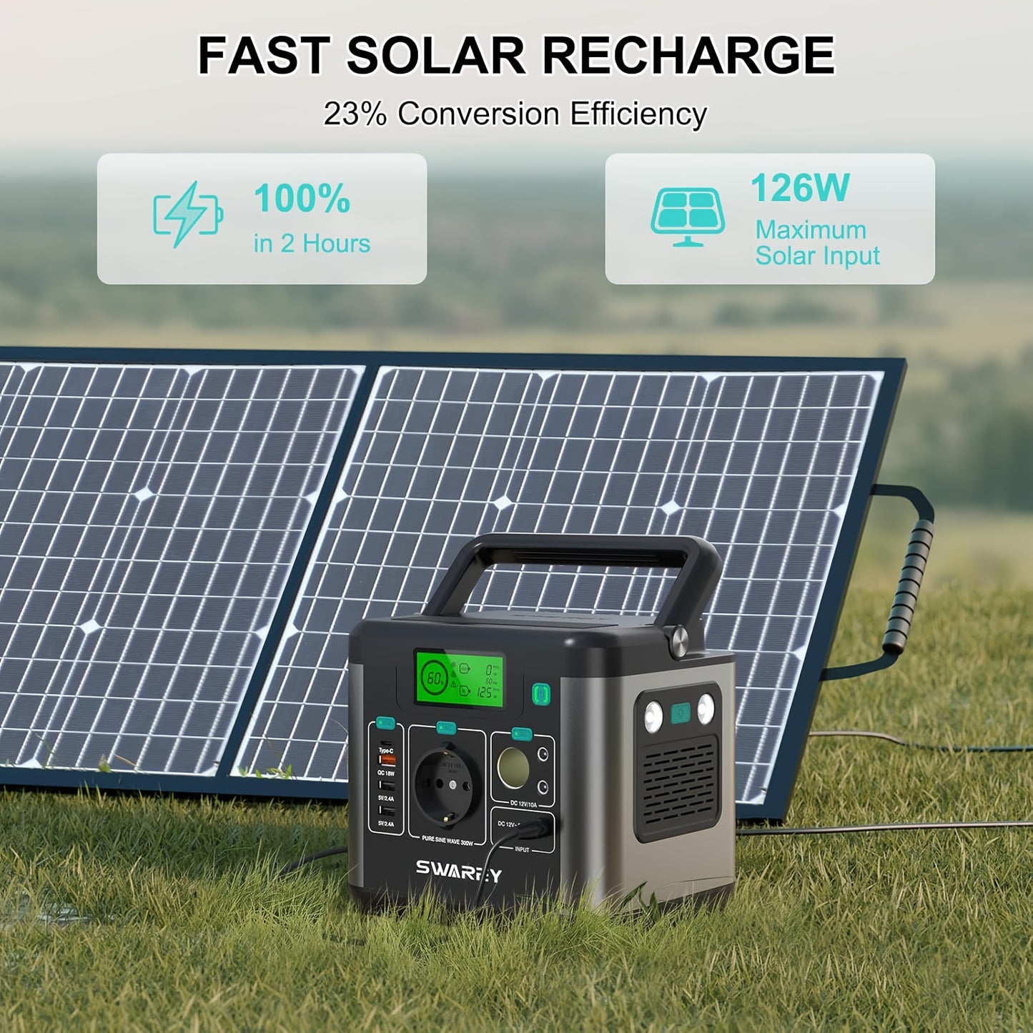 Swarey 300W Powerstation mit 100W Solarmodul, Powerbank mit AC-Steckdose, 222 Wh tragbare externe Batteriepackung, PD 65W Schnellladegerät für Laptops, Geschäftsreisen, Camping, Notfall bei Stromausfall, Laptop-Kamera