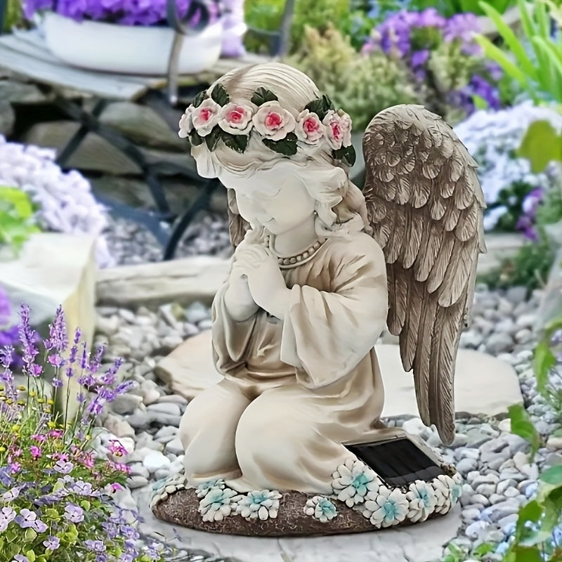 Solarbetriebene Harzfigur eines Betenden Engels mit Beleuchtung - Außengartendekoration für Zuhause & Hof, mit Rosa Krone & Blauen Akzenten, 600mAh Nickel-Batterie, Freistehend, Solar-Gartendekorationen, Ideal für Weihnachten, Perfekt für Thanksgiving