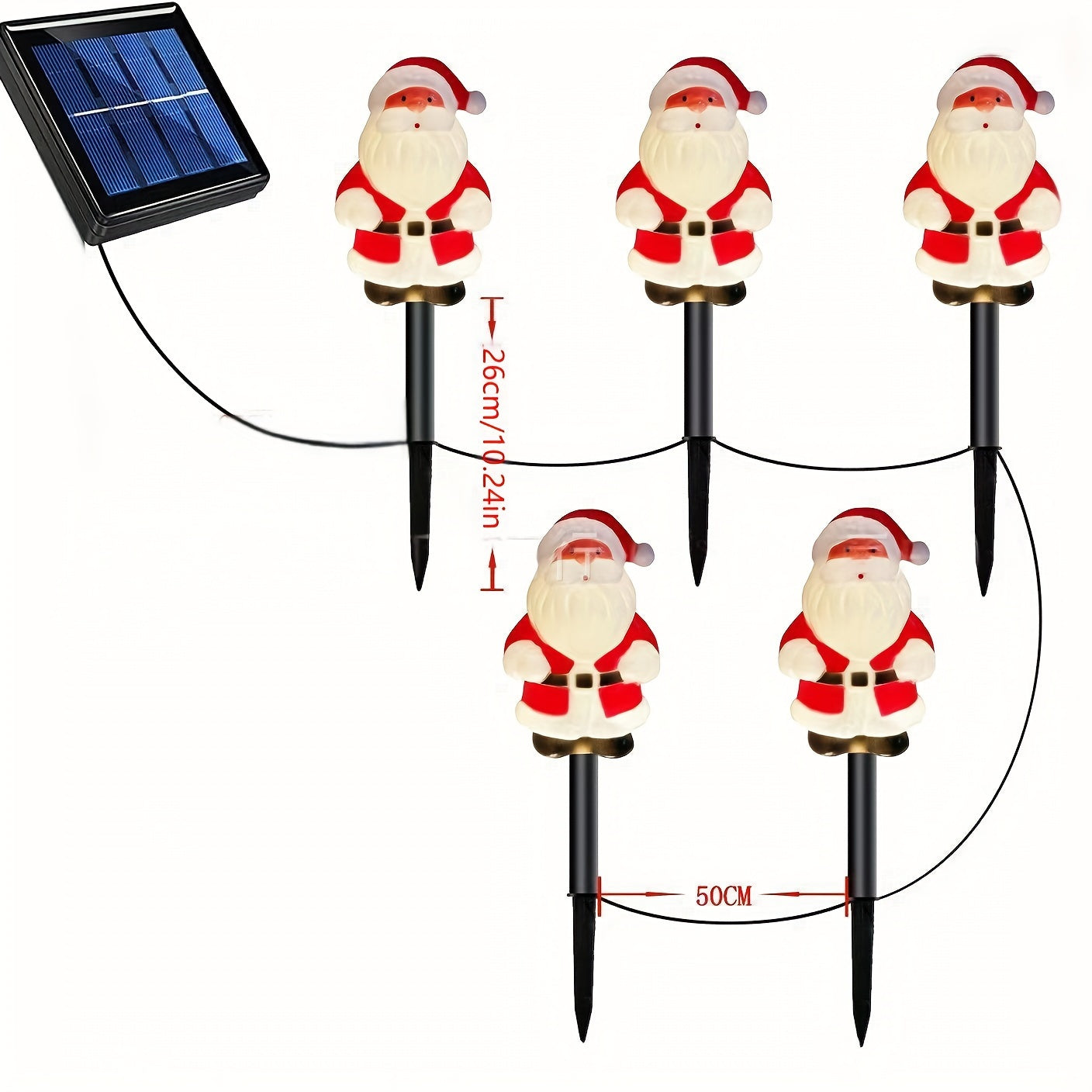 5 St. Solarbetriebene Weihnachtsmann-Staketenlichter, Plastik-Deko für den Garten, mit 600-mAh-Nickelbatterie, fest verbautes Photovoltaik-System, für festliche Stimmung