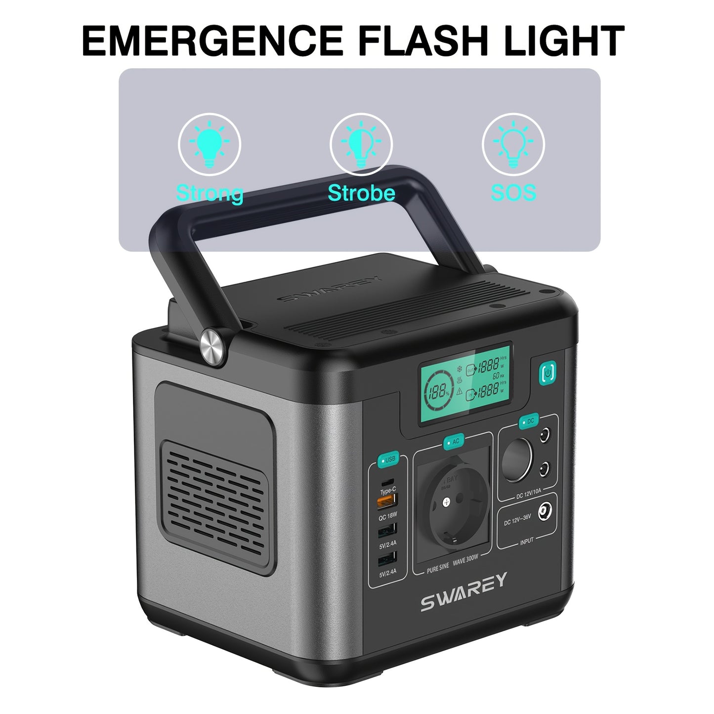 Swarey 300W Powerstation mit 100W Solarmodul, Powerbank mit AC-Steckdose, 222 Wh tragbare externe Batteriepackung, PD 65W Schnellladegerät für Laptops, Geschäftsreisen, Camping, Notfall bei Stromausfall, Laptop-Kamera