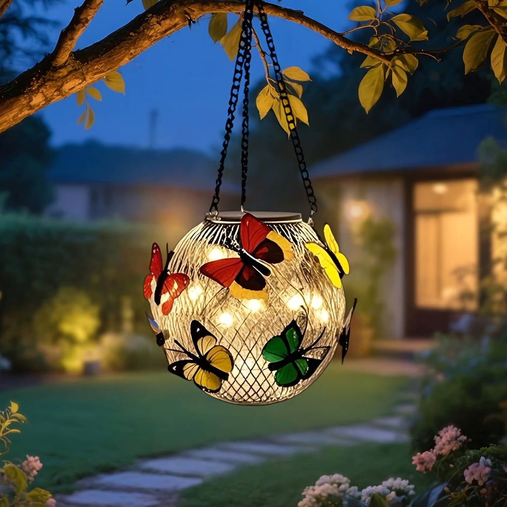 1 Stück/2 Stücke Solar-Pendelleuchten-Set für den Außenbereich, hängende Solar-Laternen aus Metall mit farbenfrohen Schmetterlings-Dekorationskunst, geeignet für Rasen, Zaun, Veranda, Wand, Garten, Terrasse, bester Geschenk für Mama