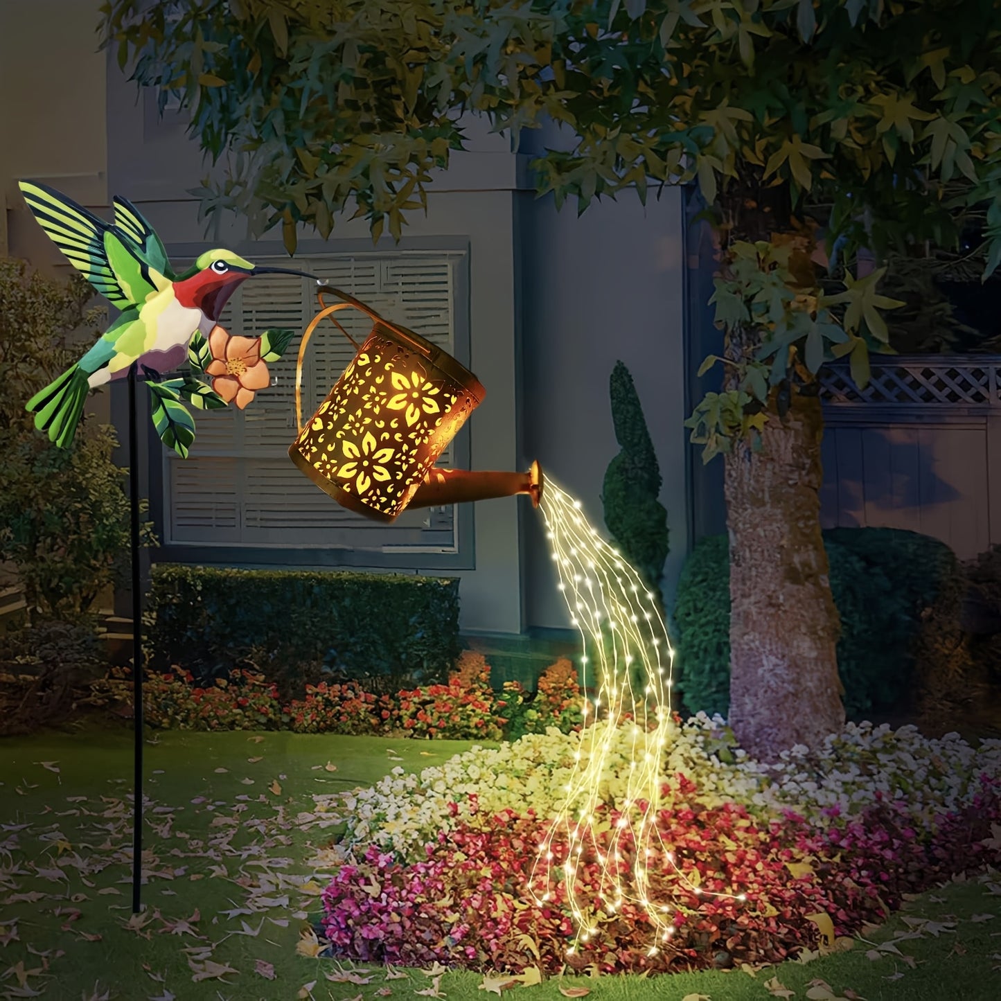 Solargießkanne mit Kaskadenlichtern | Solar-Weihnachtslichter für draußen | Dekorative Solar-Gartenlichter in Gießkannenform | Wasserfall-Lichter für den Außenbereich | Hängende Solar-Laterne | Solar-Deko für den Garten | Metall-Solarkanne