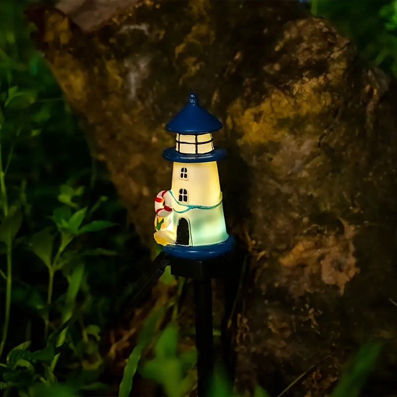 1 Stück Solarbetriebene Leuchtturm Gartenleuchten - LED Harz Statue mit Süßigkeiten & Blauer Himmel Design, Energieeffizientes Außenraum Landschaftsbeleuchtung für Hof, Terrasse, Rasen und Weihnachtsdekoration, Solar Gartenleuchten
