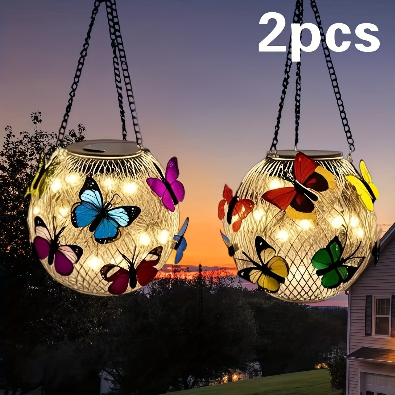 1 Stück/2 Stücke Solar-Pendelleuchten-Set für den Außenbereich, hängende Solar-Laternen aus Metall mit farbenfrohen Schmetterlings-Dekorationskunst, geeignet für Rasen, Zaun, Veranda, Wand, Garten, Terrasse, bester Geschenk für Mama
