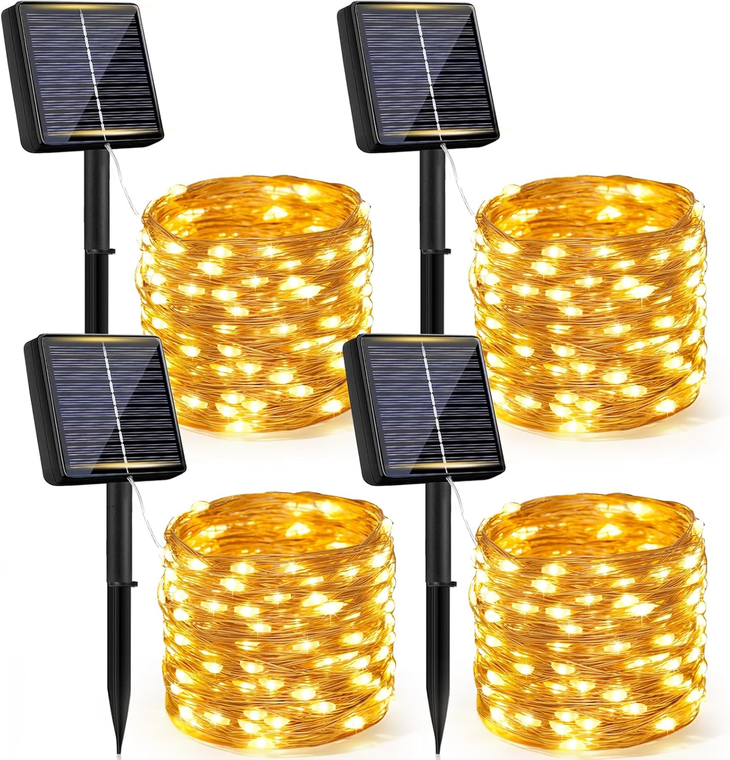 Solar Lichterkette Aussen Warmweiss 4-PACK 50-300 LEDs Lichterkette Solar Außen Wetterfest, 8 Modi Kupferdraht Warmweiß Lichterkette Outdoor Wasserdicht für Garten Terrasse Balkon Weihnachten Deko