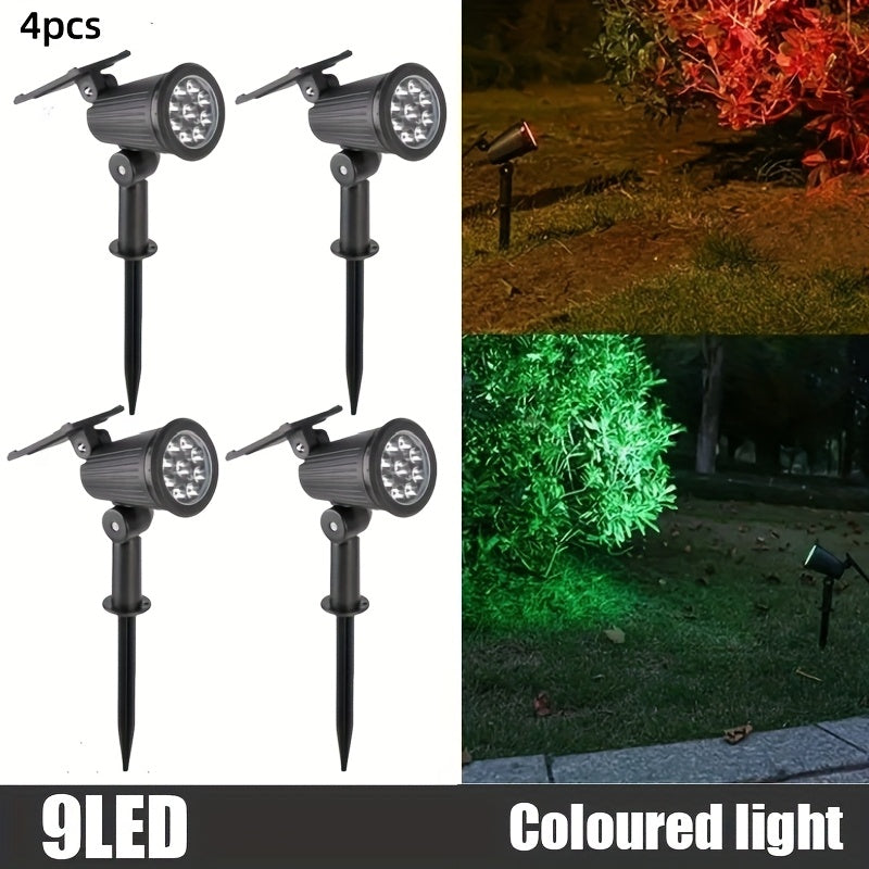 4er-Pack 9 LED Solar-Außenstrahler mit Bewegungsmelder & IP65 Wasserdicht, Einstellbare Helligkeit Farbwechsel  Landschaftsbeleuchtung inkl. Steuerungsfunktion