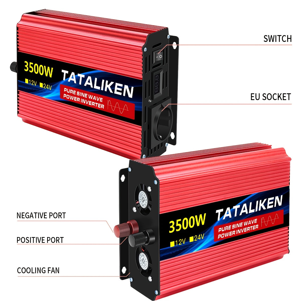 3500W Spitzenreiner Sinuswellen-Leistungswandler - Ultraschweigender Hochleistungs-DC12V zu AC220V Auto- & Heimstromumformer mit Mehrfachschutz für Camping, Reisen, Fahrzeuge, Haushaltsgebrauch, Autostromversorgung | Kompakter Umformer |